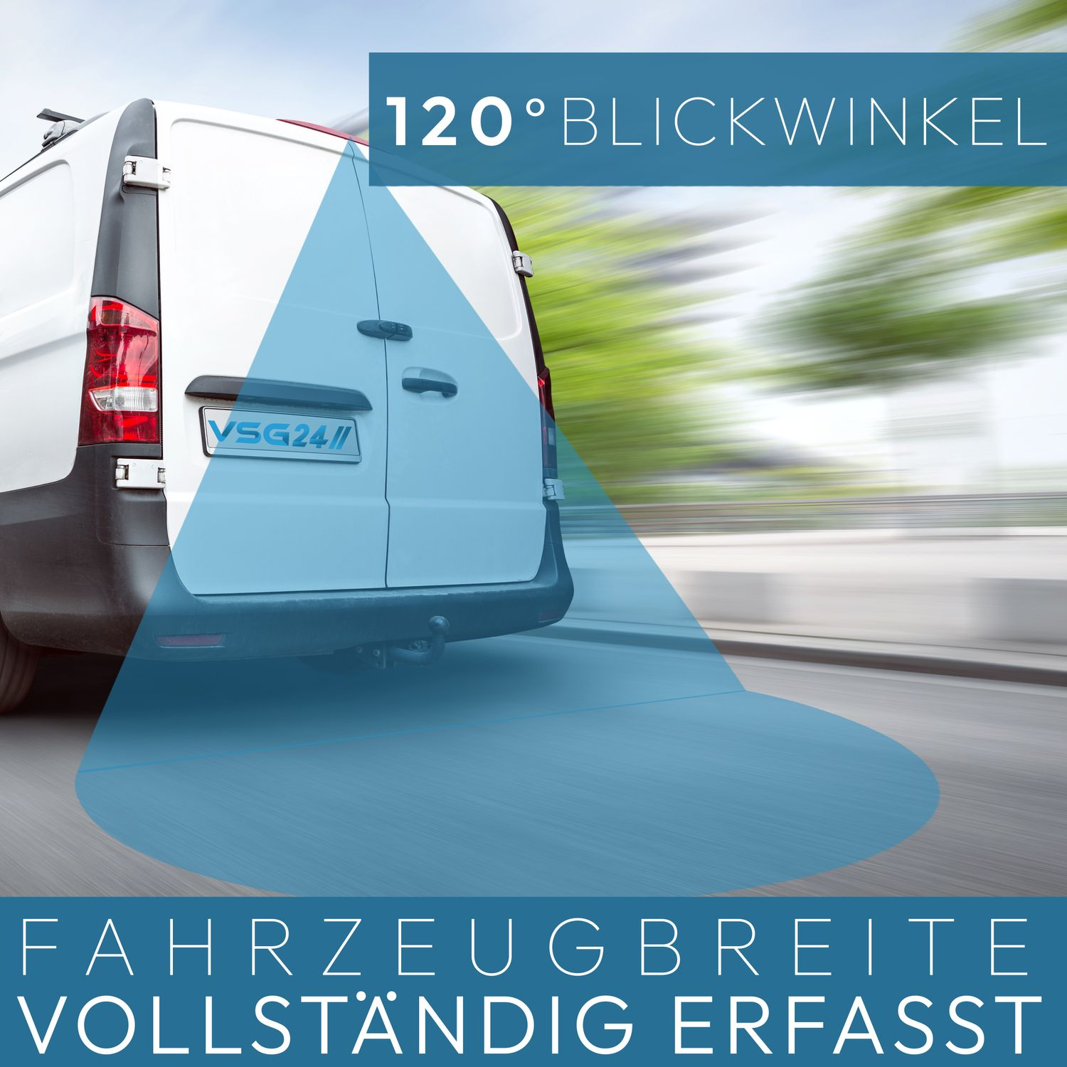 Ein weißer Transporter fährt auf einer Straße mit einer blau dargestellten 120-Grad-Ansicht.
