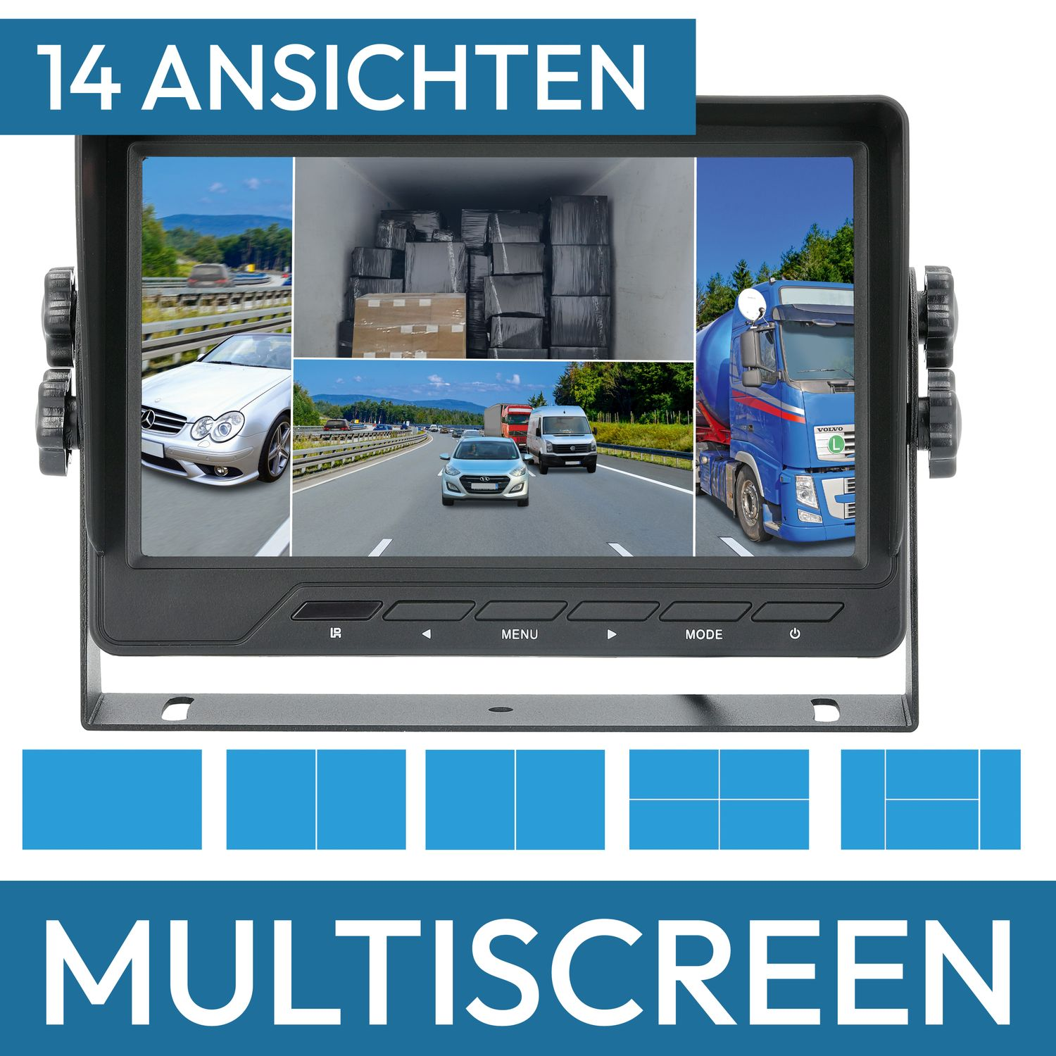 Multiscreen-Monitor, der mehrere Ansichten zeigt, mit Text-Overlay.