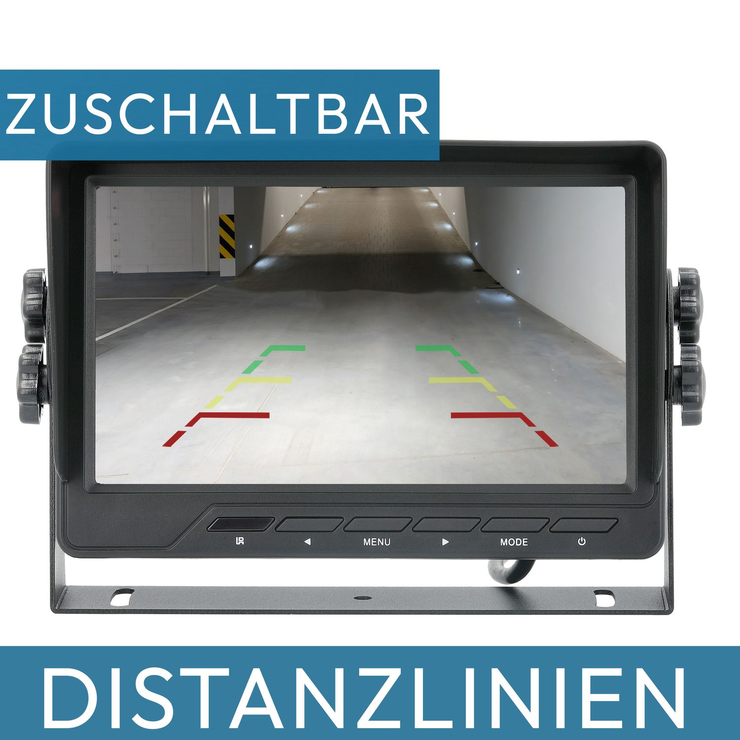 Monitor zeigt Parkszene mit Distanzlinien. Text: 'ZUSCHALTBAR', 'DISTANZLINIEN'.