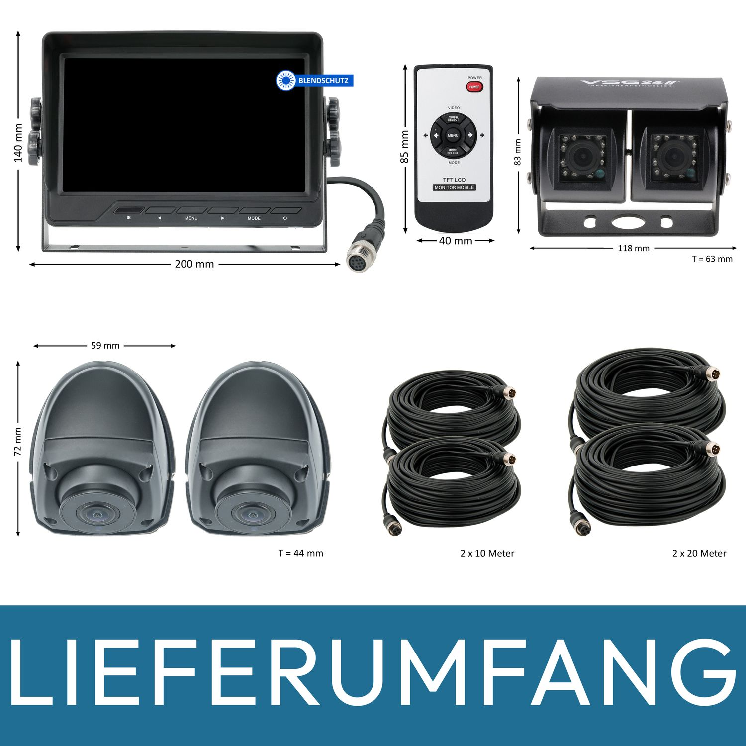 Ein Auto-Monitor-Set, einschließlich Monitor, zwei Kameras, Fernbedienung und Kabel. Abmessungen sind angegeben.