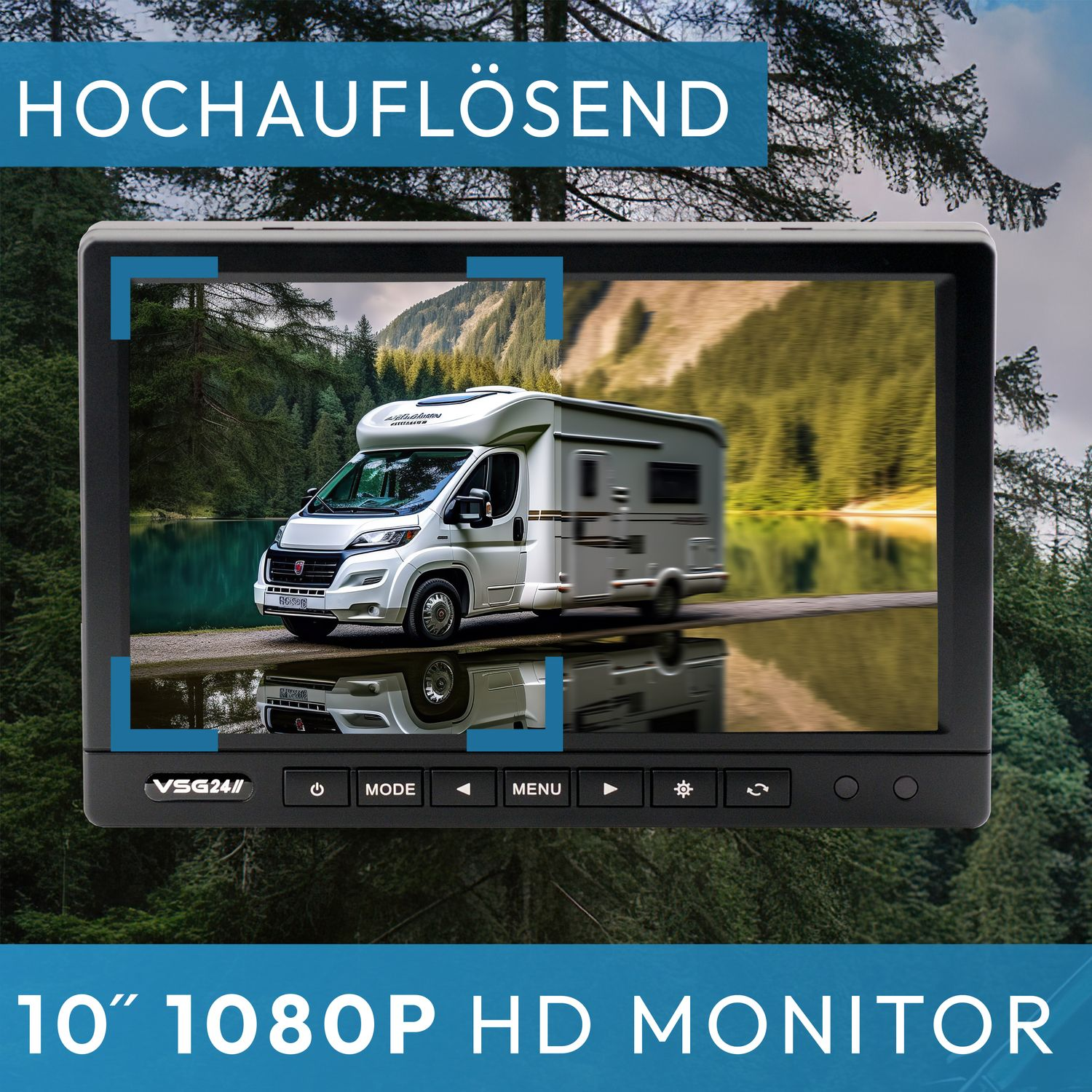 Ein 10" 1080P HD-Monitor zeigt ein weißes Wohnmobil am See. Text: Hochauflösend.