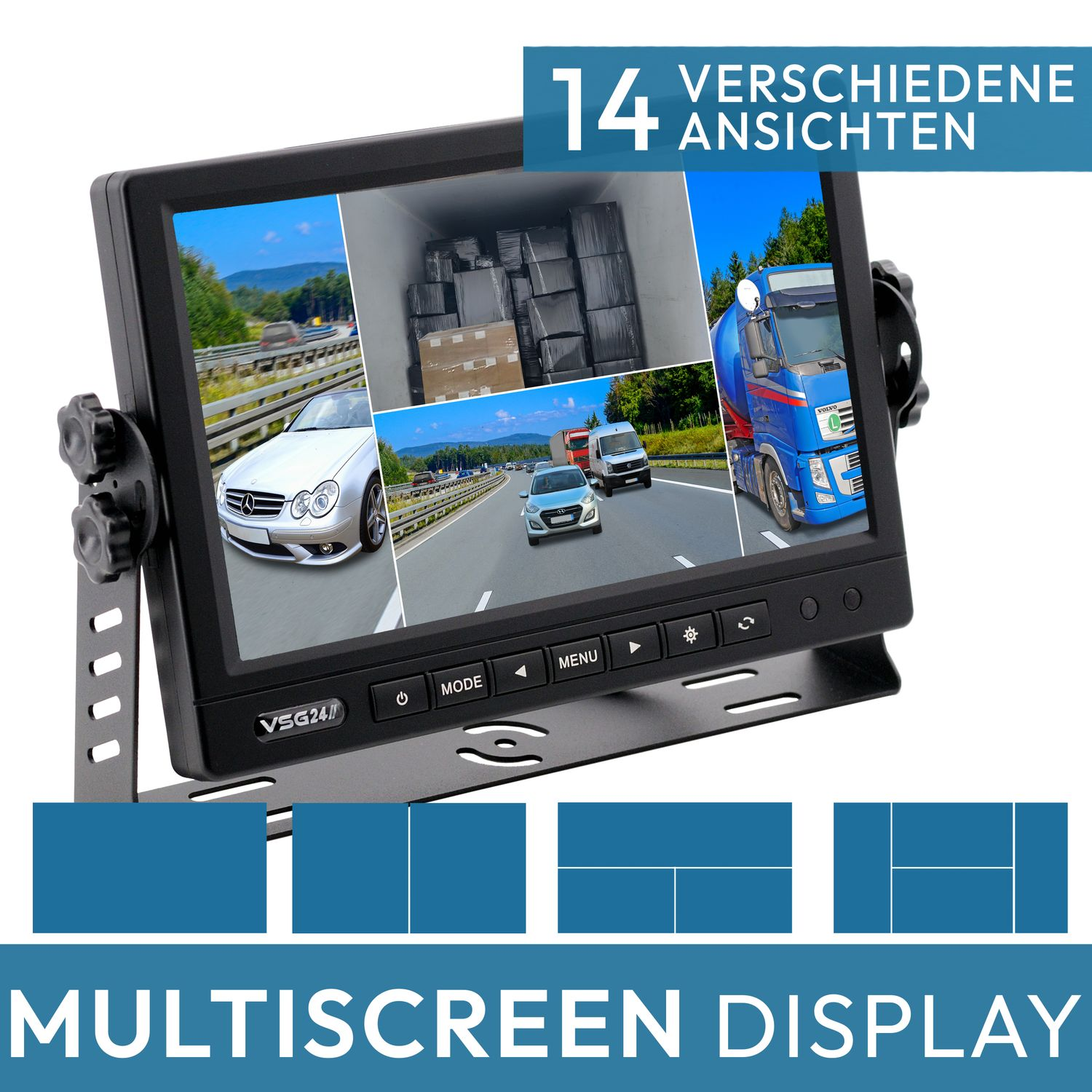 Ein Multi-Screen-Display, das verschiedene Ansichten von Verkehr und Fahrzeugen auf der Straße zeigt.