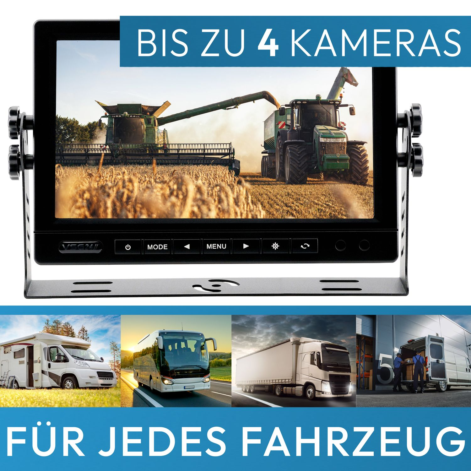 Ein Monitor zeigt Bilder von landwirtschaftlichen Fahrzeugen. Der Text ist 'Bis zu 4 Kameras' und 'Für jedes Fahrzeug'.