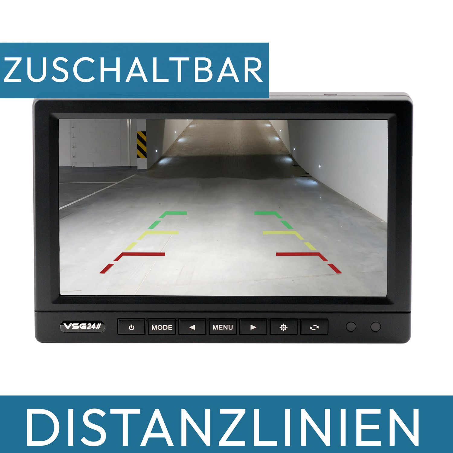 Die Ansicht eines Autos auf einem Monitor mit Abstandslinien vor blauem Hintergrund.