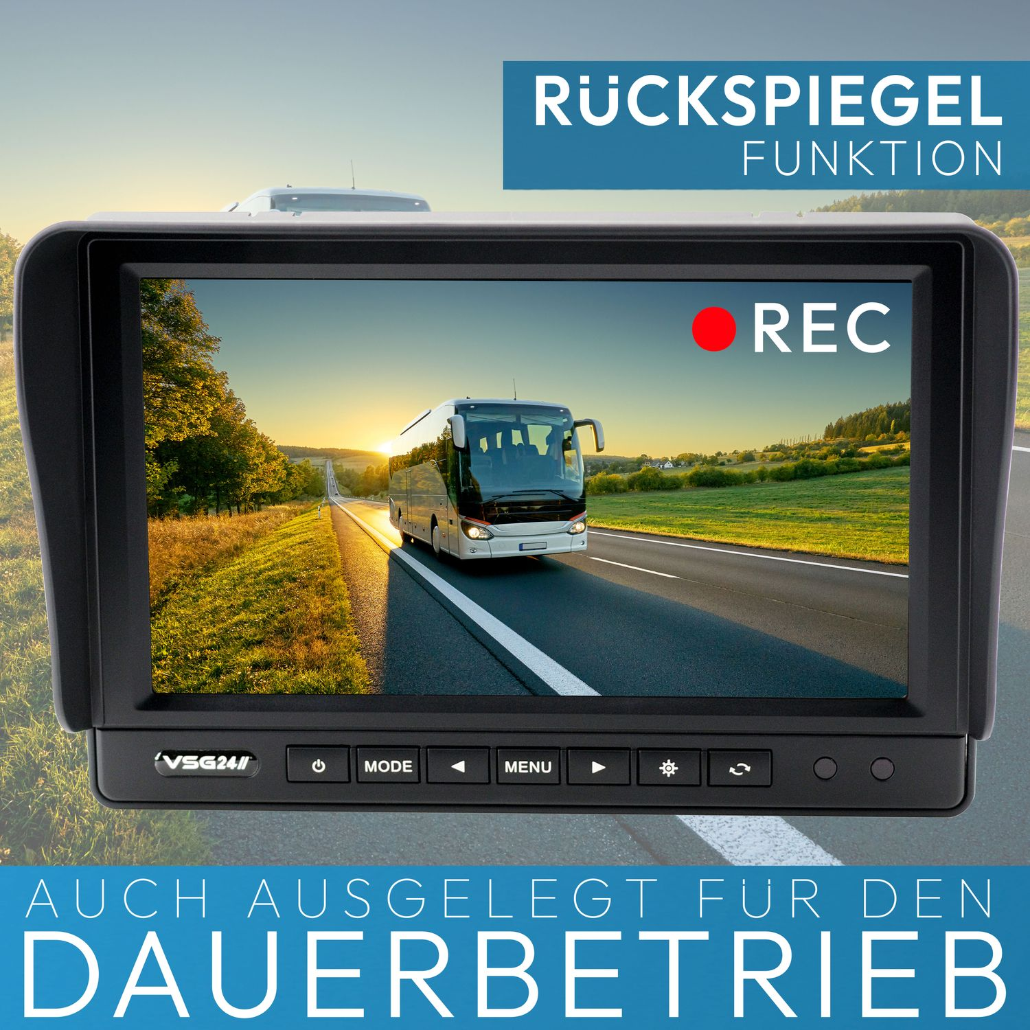 Monitor, der einen Bus auf einer Straße bei Sonnenuntergang zeigt. Der Monitor hat Steuertasten und 'REC'.