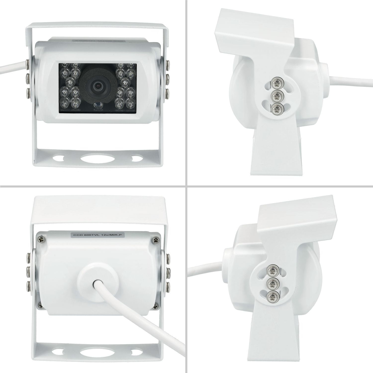 Vier Ansichten einer weißen Überwachungskamera mit mehreren LEDs und weißem Kabel.