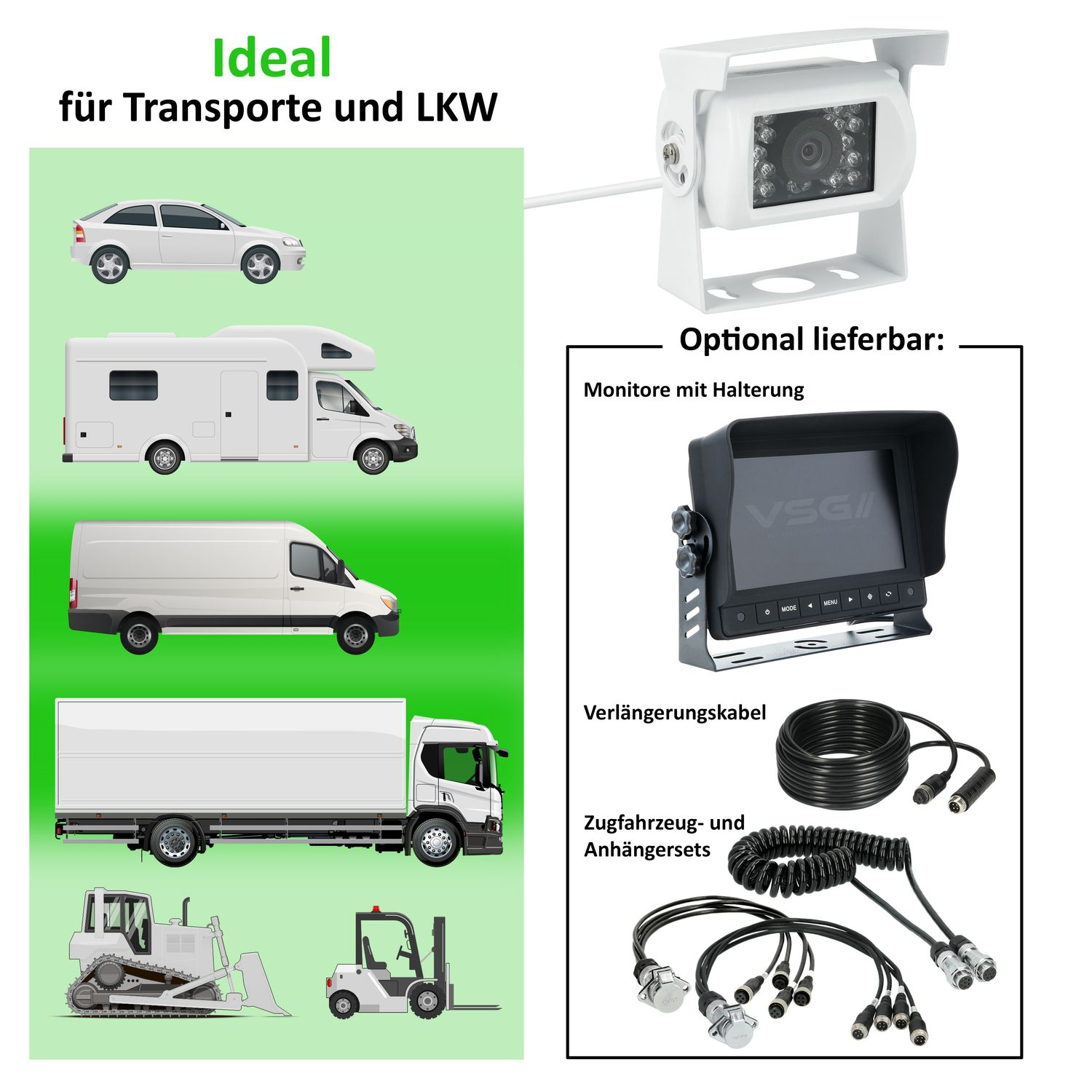 Fahrzeugillustrationen: Auto, Wohnmobil, Transporter, LKW, Planierraupe und Gabelstapler. Weiße Kamera oben rechts, Zubehör.
