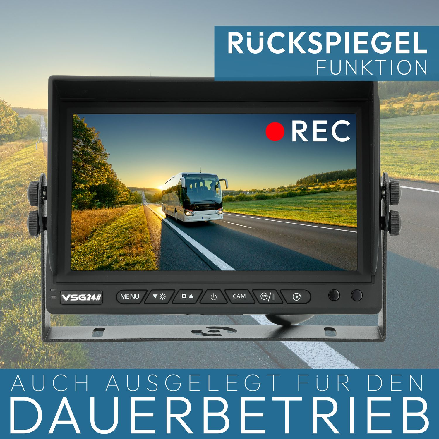 Ein Bildschirm, der eine Straße mit einem Bus und dem Wort REC zeigt.