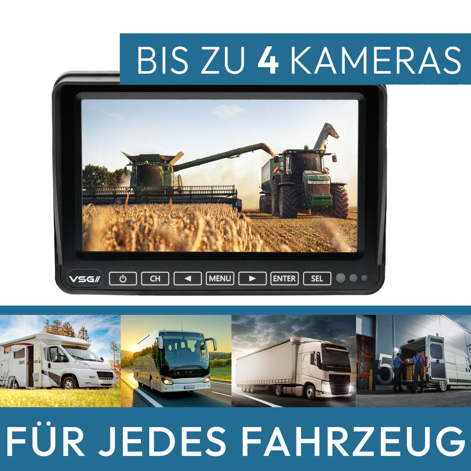 Ein Monitor, der ein Feld mit Fahrzeugen zeigt. Darunter Bilder verschiedener Fahrzeuge.