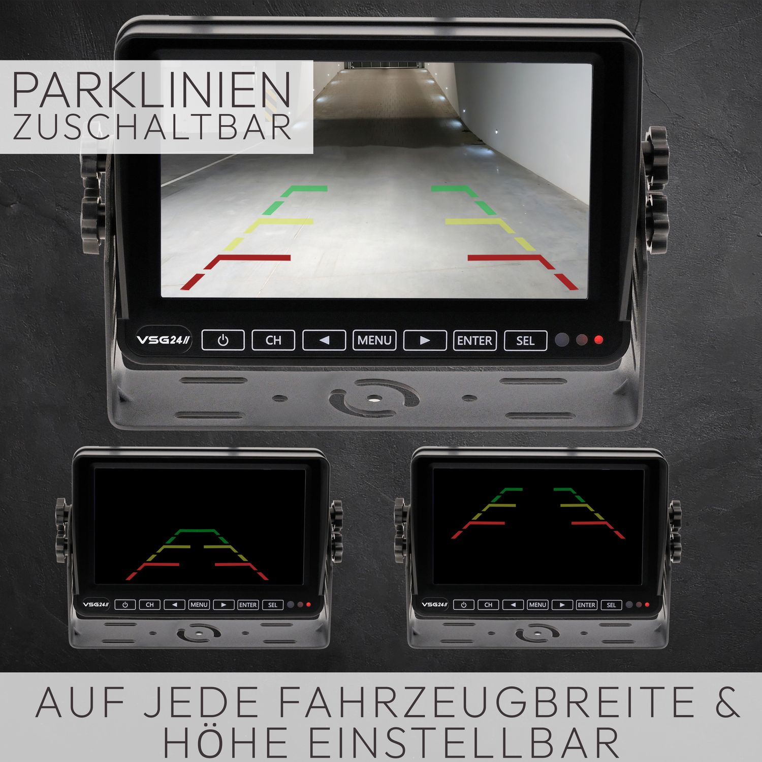 Ein Bildschirm eines Auto-Rückfahrkamerasystems mit Parklinien und zwei Seitenbildschirmen.