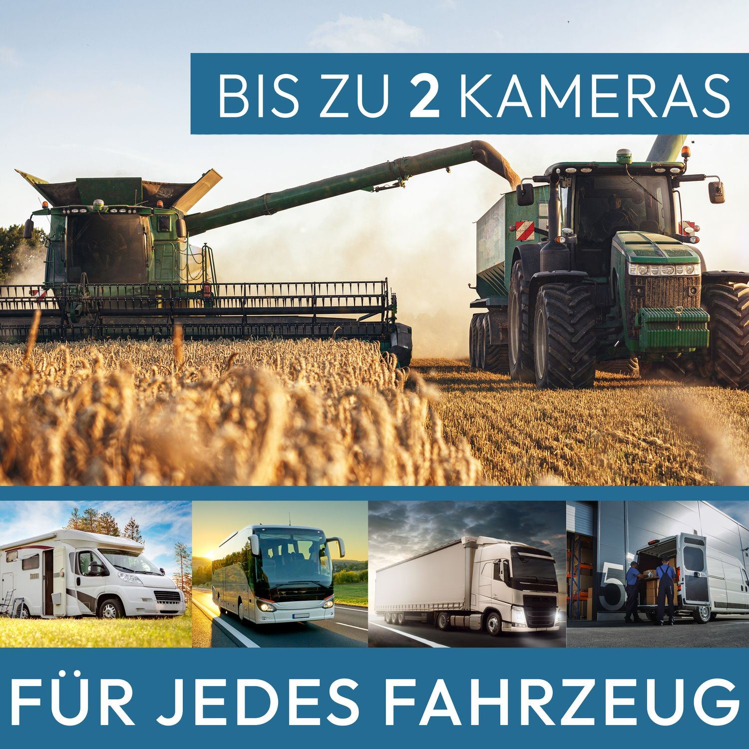 Mehrere Fahrzeuge mit Text über Kameras. Enthält einen Mähdrescher, einen LKW und einen Bus.