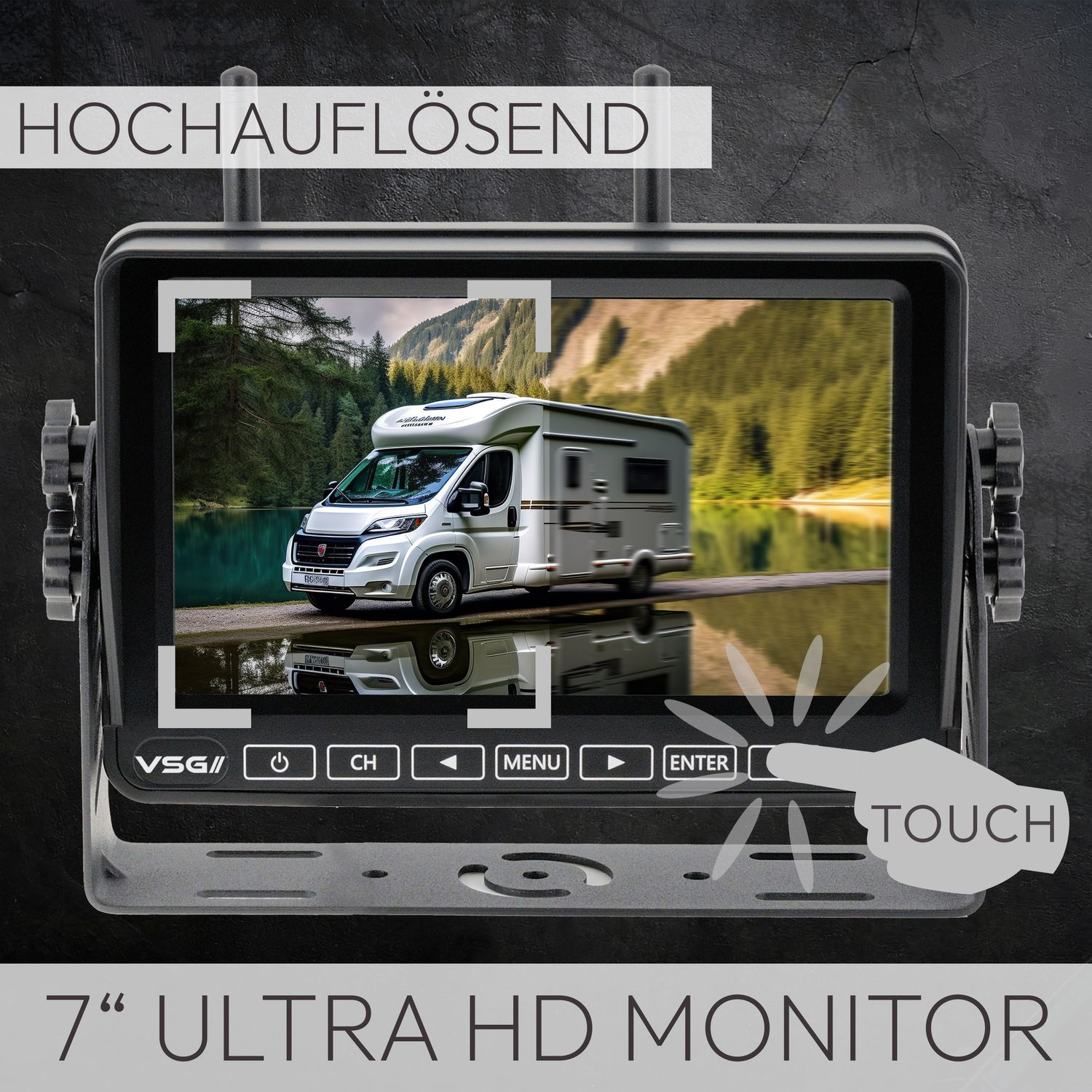 Ein Monitor, der das Bild eines Wohnmobils anzeigt, mit sichtbaren Touch-Bedienelementen.