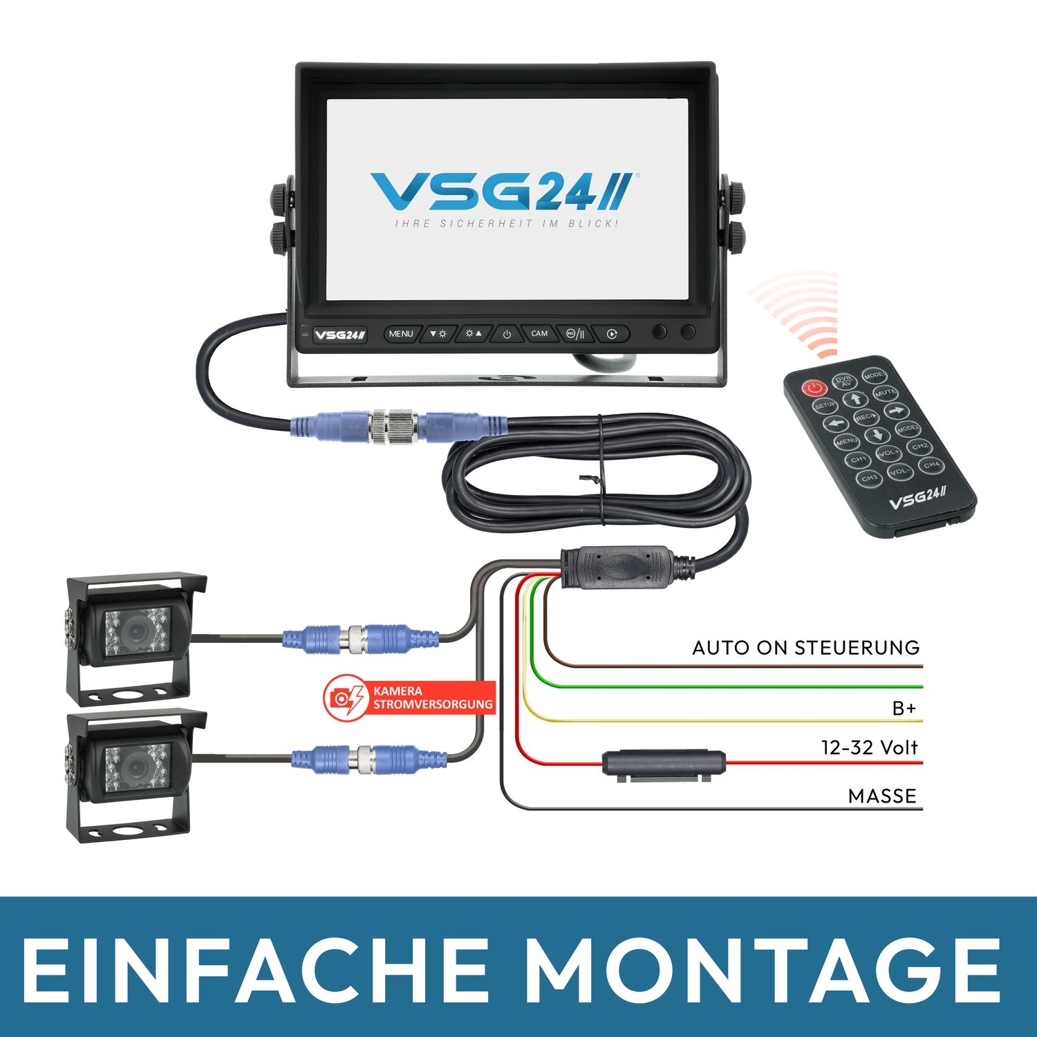 Auto-Kamerasystem mit Monitor und Fernbedienung. Kabel und Komponenten sind sichtbar.