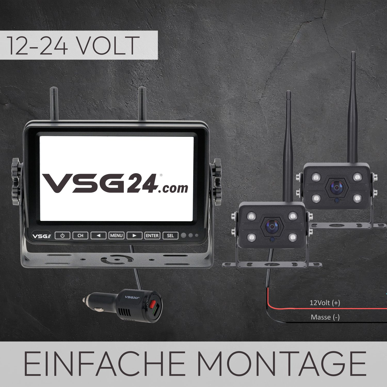 Ein Monitor mit zwei Kameras, einem Autoladegerät und einem Display mit Menüoptionen. Text: 'Einfache Montage' und '12-24 VOLT'.