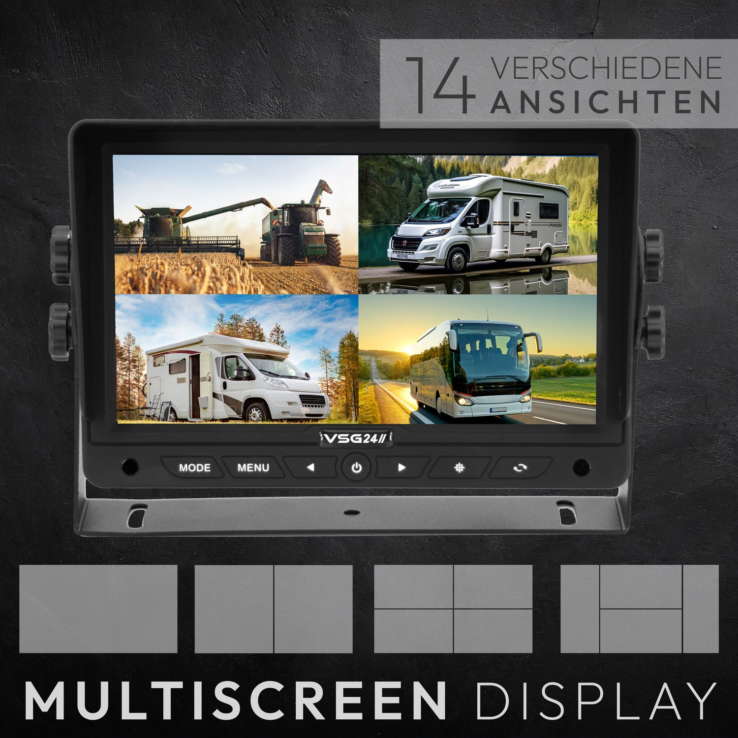 Ein Multiscreen-Display mit 4 verschiedenen Ansichten von Fahrzeugen. Text: 14 verschiedene Ansichten.