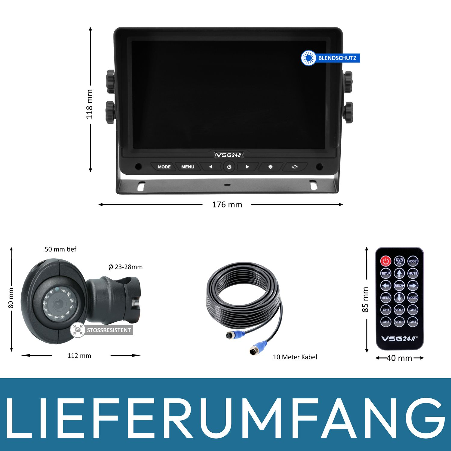 Monitor, Kamera, Kabel und Fernbedienung. Abmessungen sind angegeben. Text 'LIEFERUMFANG' unten.
