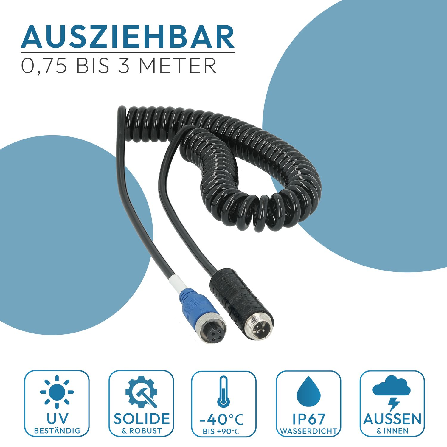 Schwarzes Spiralkabel mit zwei Enden auf weißem Hintergrund, darunter Symbole mit Text.
