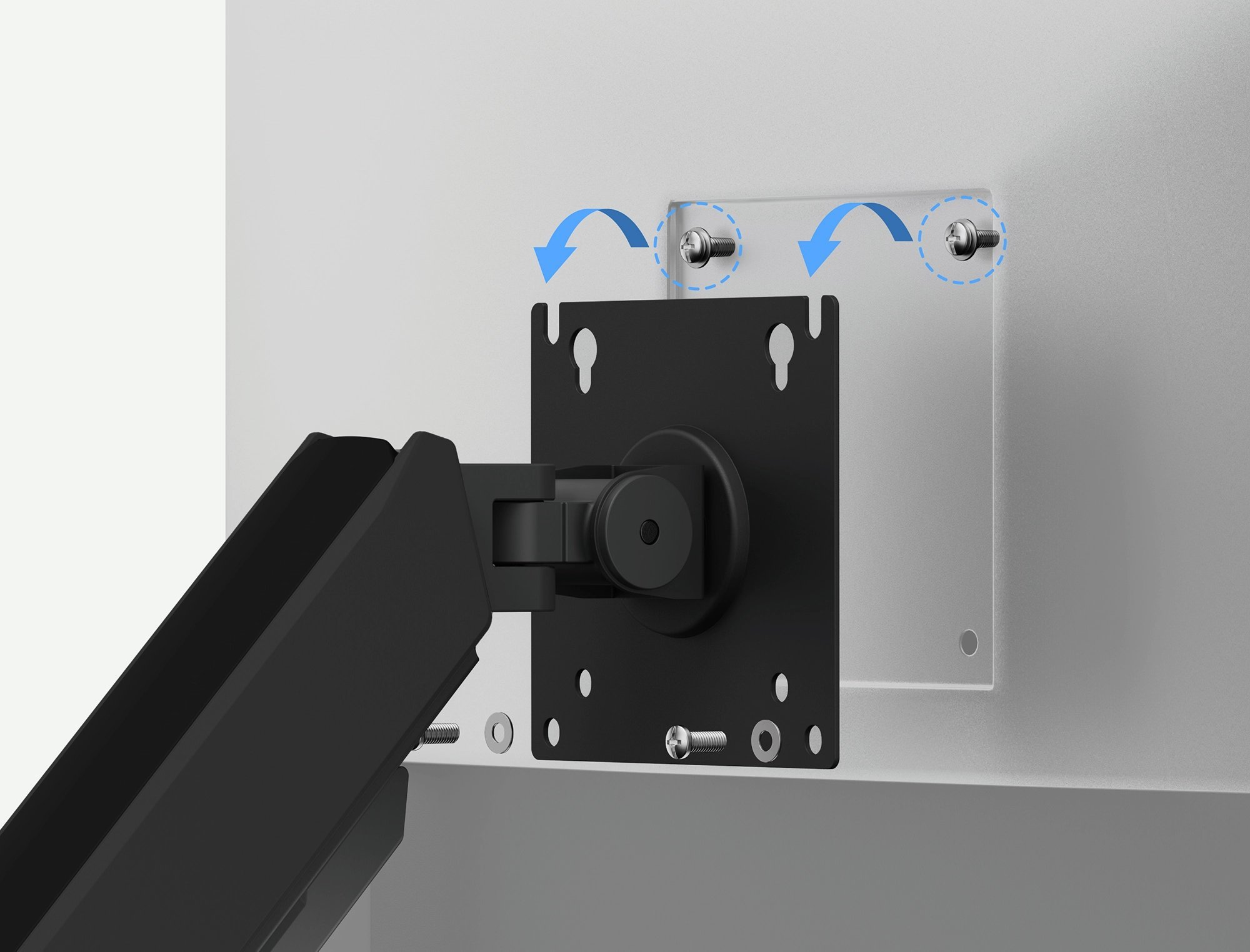 Monitorarmhalterung an einer Wand befestigt, Schrauben und Pfeile.