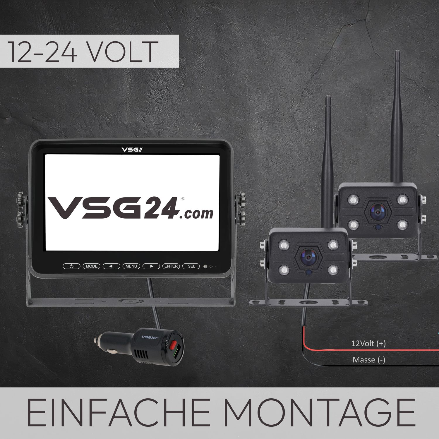 Ein Monitor und zwei Kameras mit Verbindungskabeln und dem Text VSG24.com.
