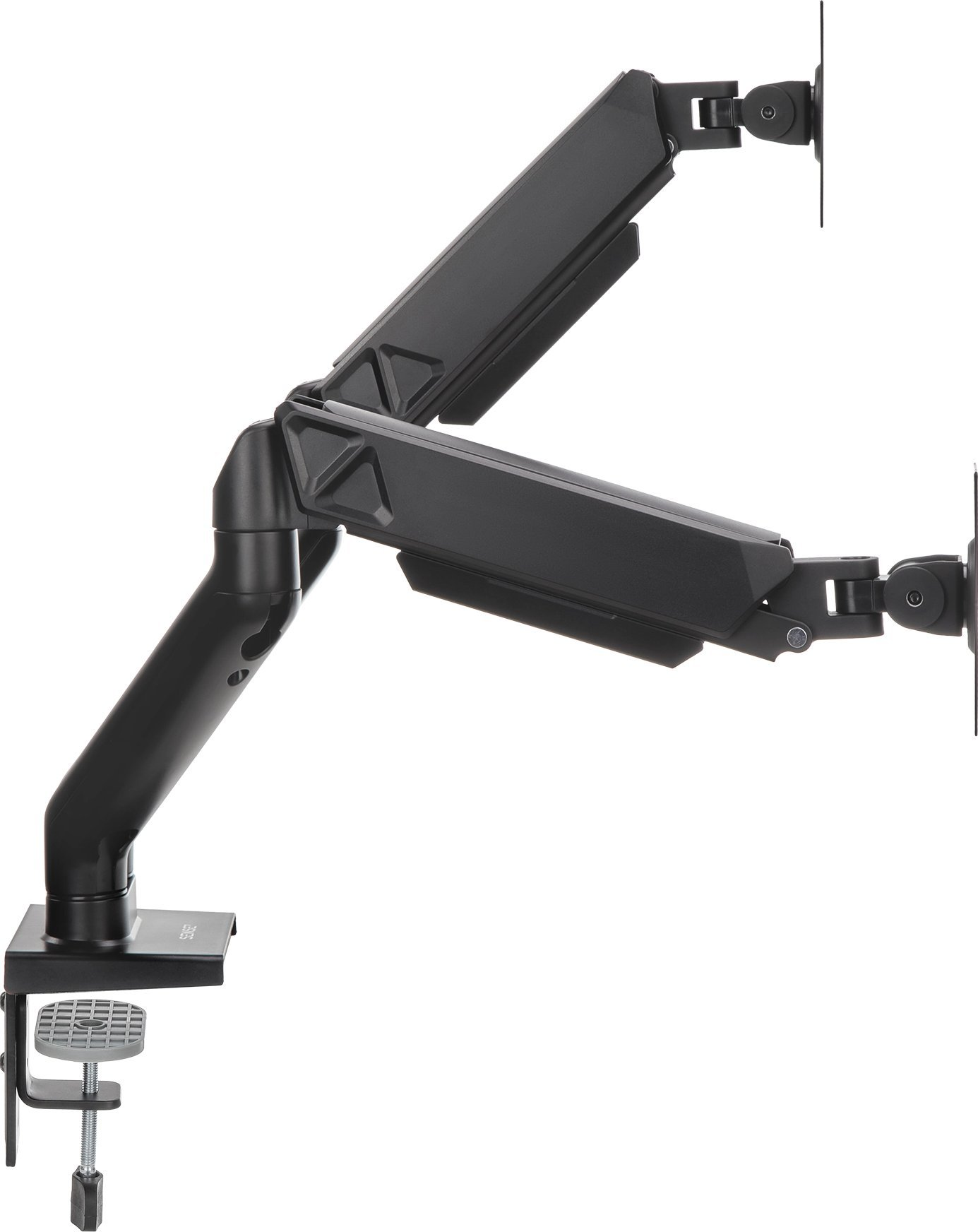 Schwarzer Doppelmonitorarm. Er hat eine Klemmbasis und verstellbare Arme. Die Monitore sind nicht installiert.