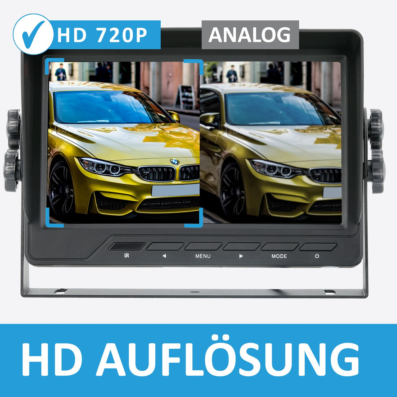 Monitor zeigt zwei nebeneinanderliegende Autobilder mit HD 720P- und Analogtext oben.