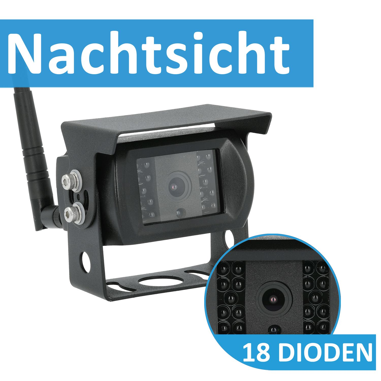 Eine schwarze Nachtsichtkamera mit Antenne und einer Einlage, die 18 Dioden zeigt.