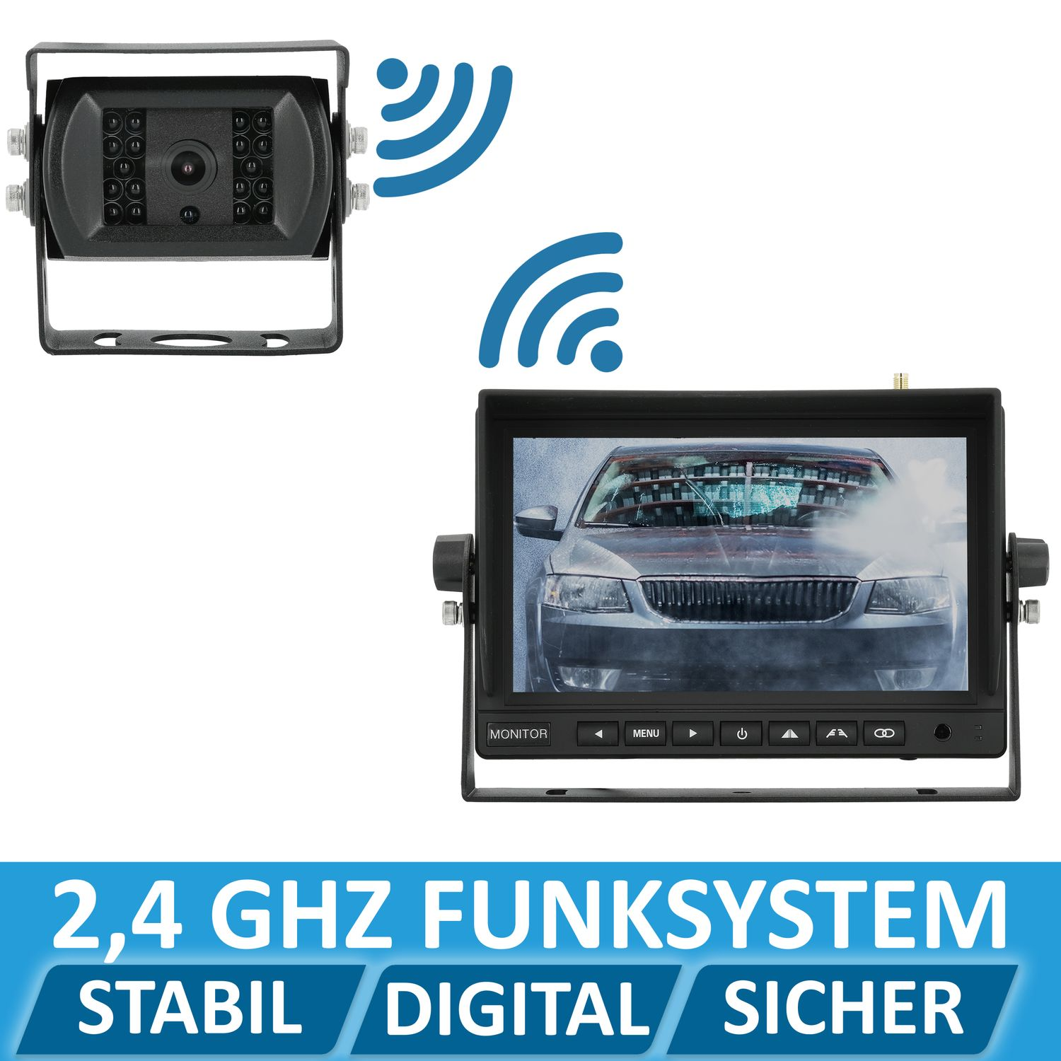 Ein Monitor mit einem Auto und einer Kamera, mit WLAN-Symbolen und Text unten.