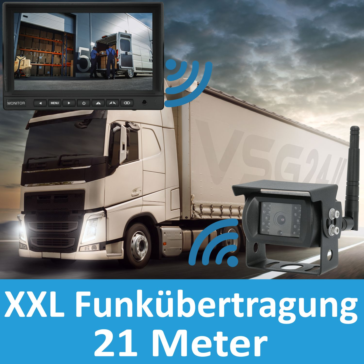LKW mit Monitor, zeigt Lagerhaus. Kamera am Heck des LKW montiert.
