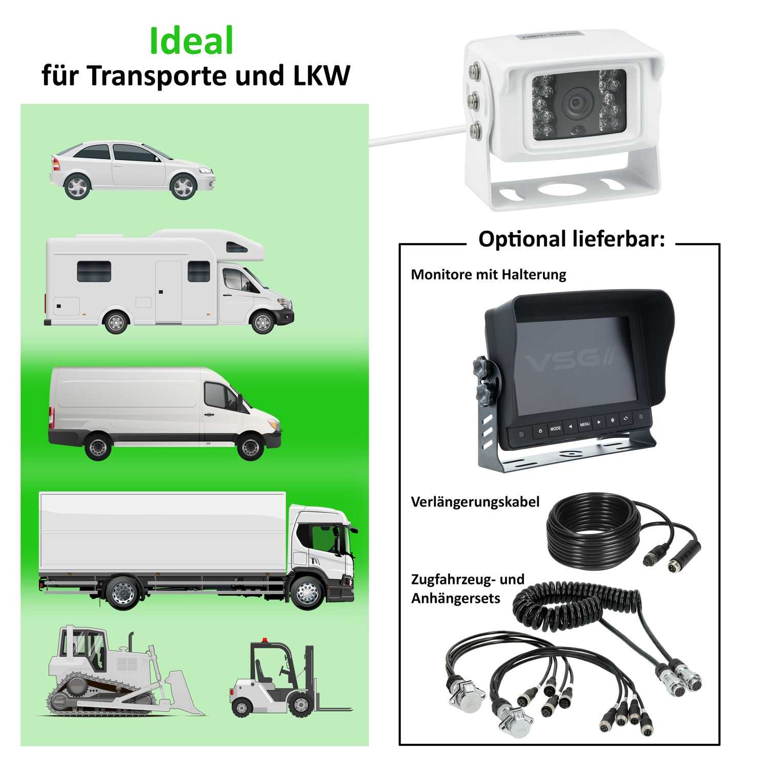 Fahrzeuge und eine weiße Kamera werden gezeigt. Die Kamera ist beschriftet, mit weiterem Zubehör.