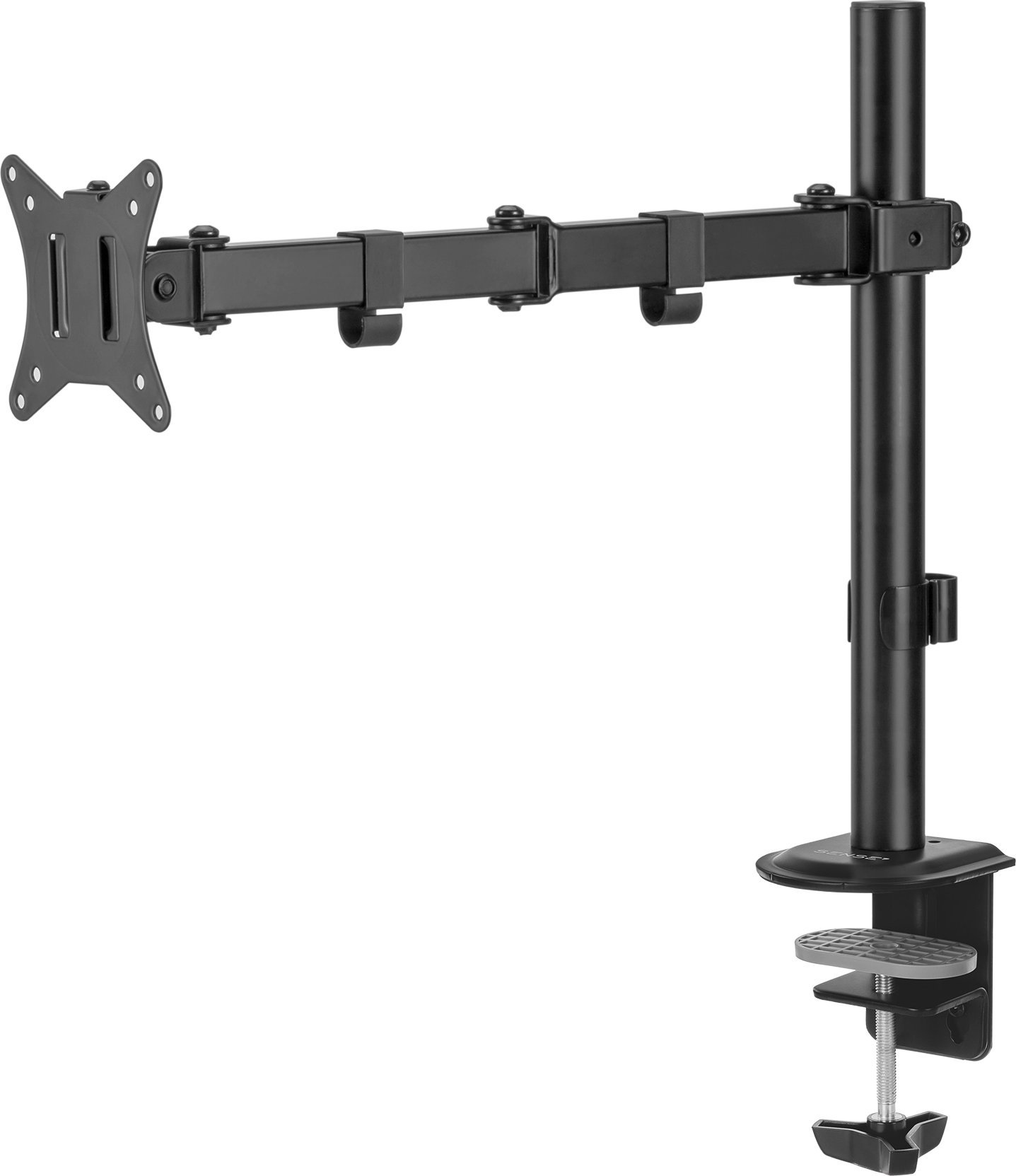 Schwarzer Monitorarm. Er ist auf einem Tisch montiert, mit einer Schraubklemme. Der Arm hat ein verstellbares Design.