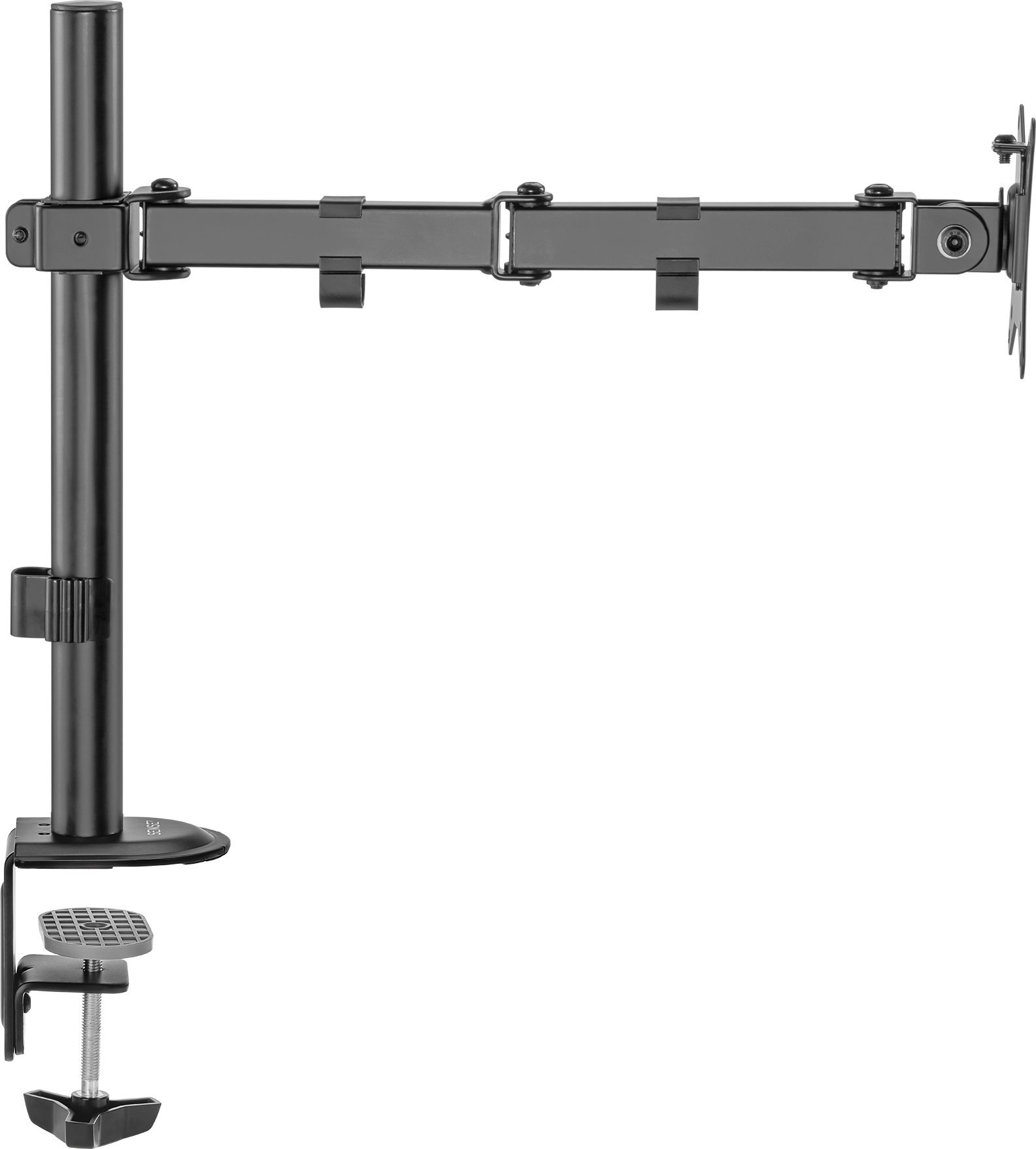 Ein schwarzer Monitorarm, an einem Schreibtisch befestigt. Er ist verstellbar mit einer Klemmbasis.