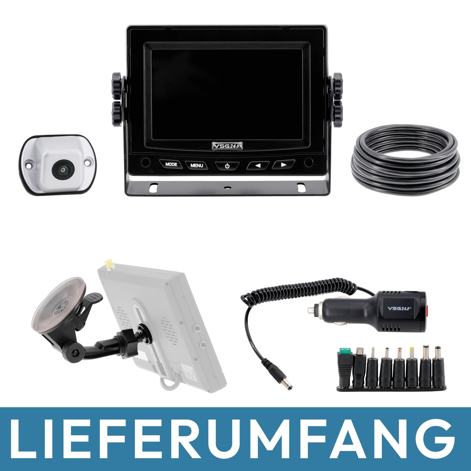 Ein Set von Kameraausrüstung und Zubehör. Enthält einen Bildschirm und verschiedene Anschlüsse.