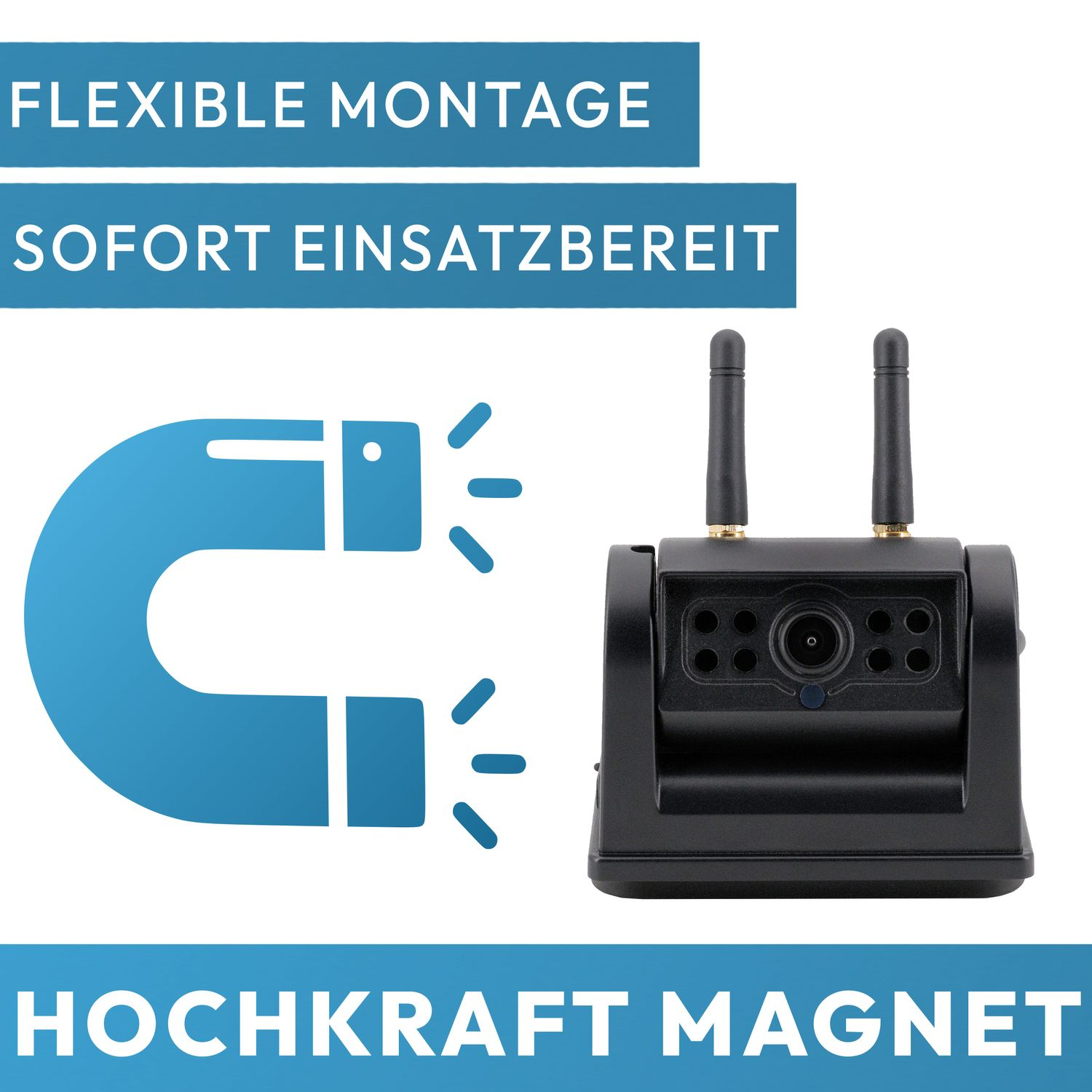 Schwarze Kamera mit Antenne und Magnet. Text sagt: Flexible Montage, sofort einsatzbereit, Hochleistungsmagnet.