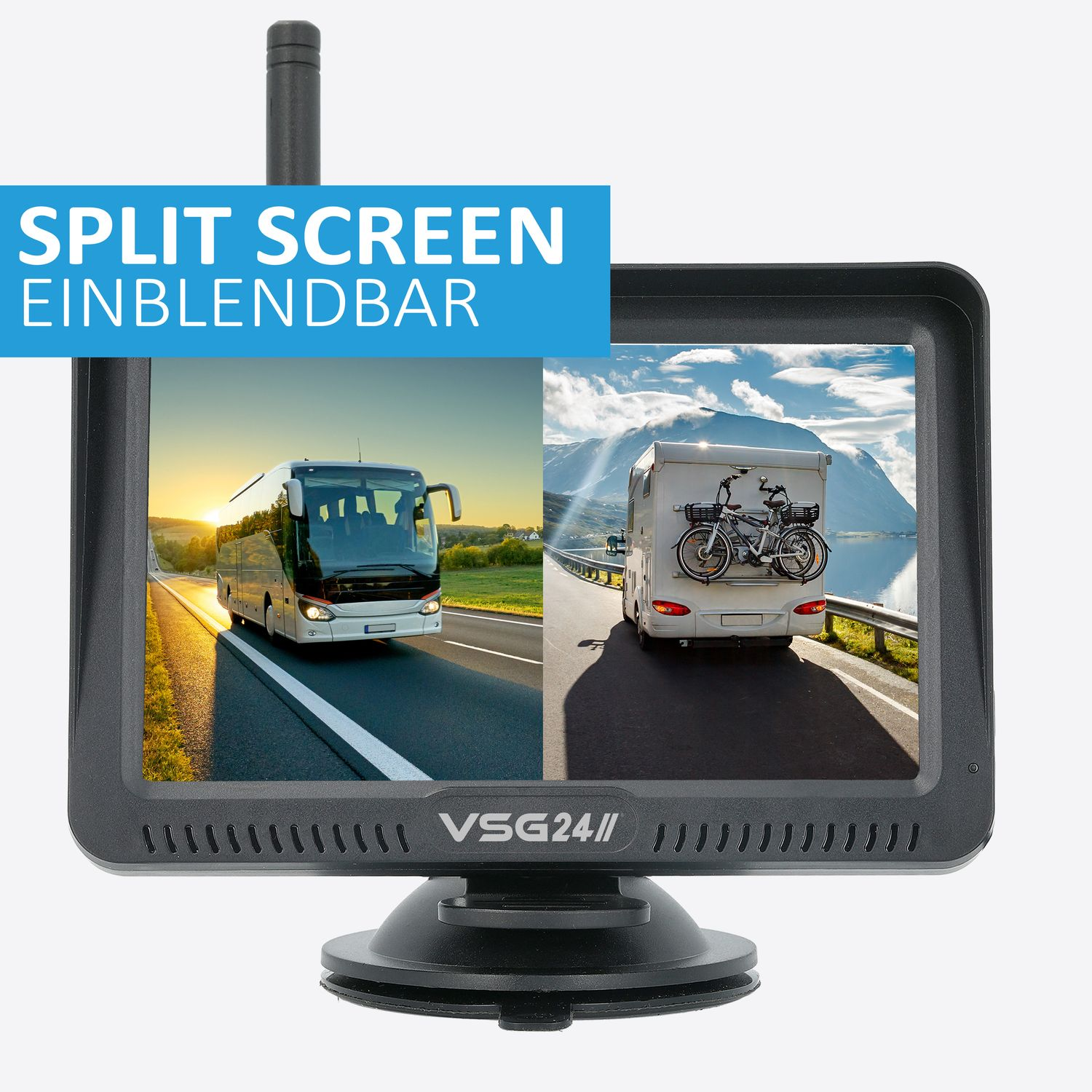 Split-Screen-Monitor zeigt einen Bus und einen Camper. Schwarzer Rahmen mit 'VSG24'-Logo.