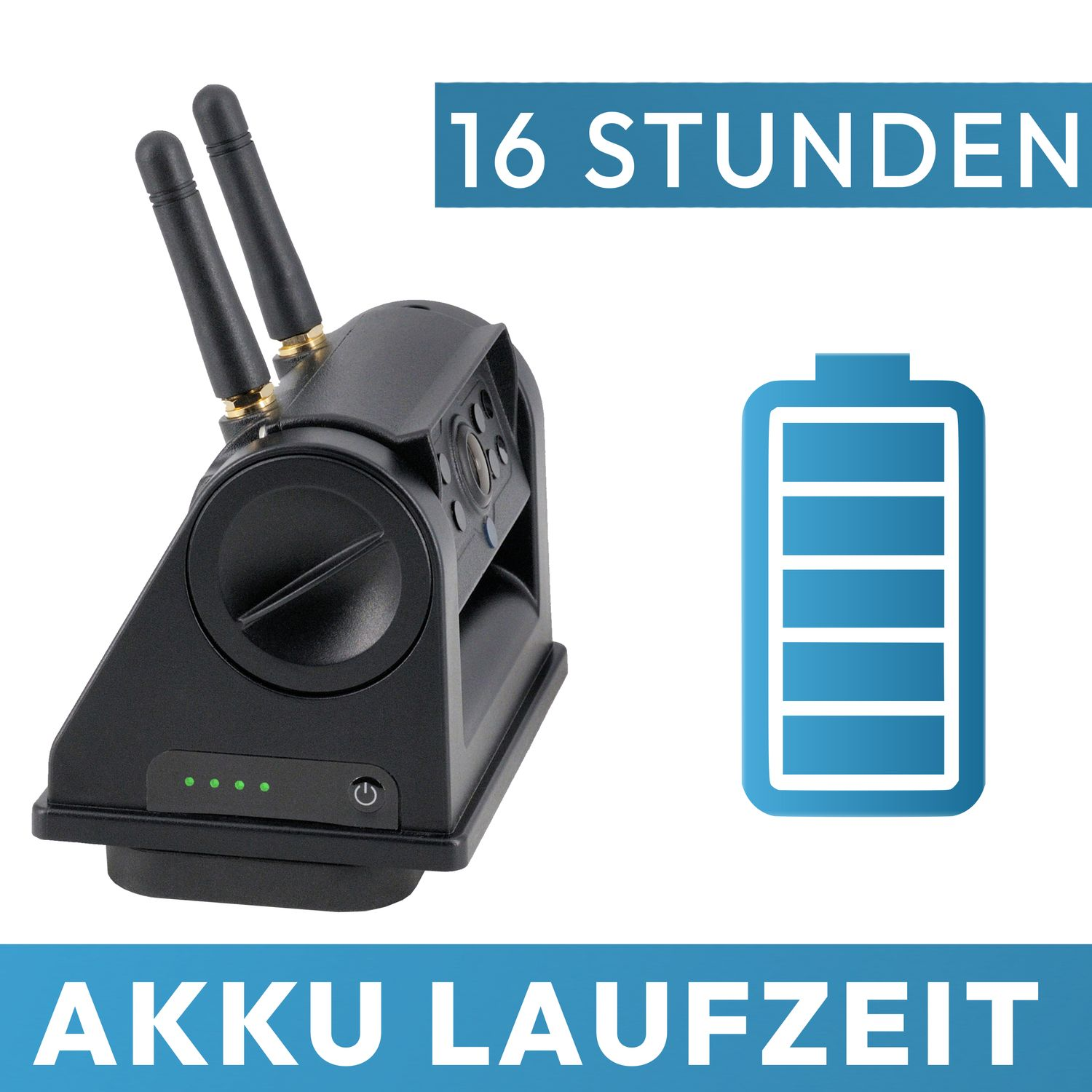 Ein schwarzes Gerät mit zwei Antennen und einem Akkusymbol, mit Text: 16 Stunden Akkulaufzeit.