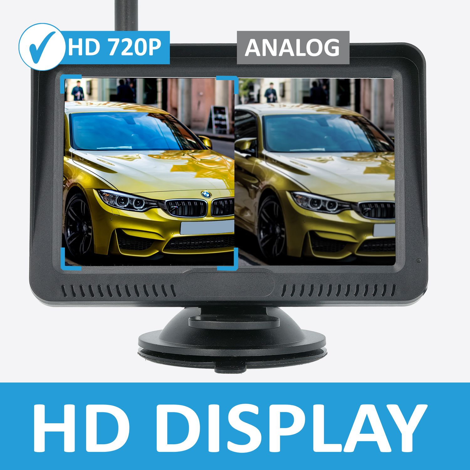 Autoanzeige mit Bildern eines gelben Autos. HD-Anzeige und analoge Optionen werden angezeigt.