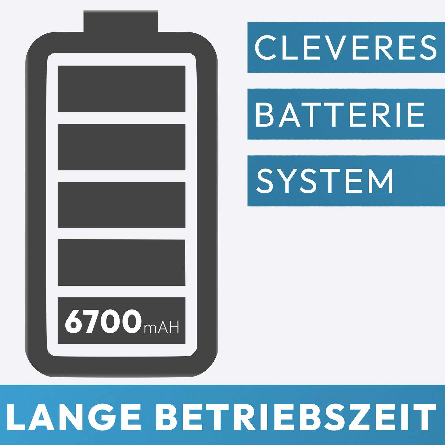 Schwarzes Akku-Symbol mit Text, der ein cleveres Batteriesystem und lange Betriebszeit angibt.