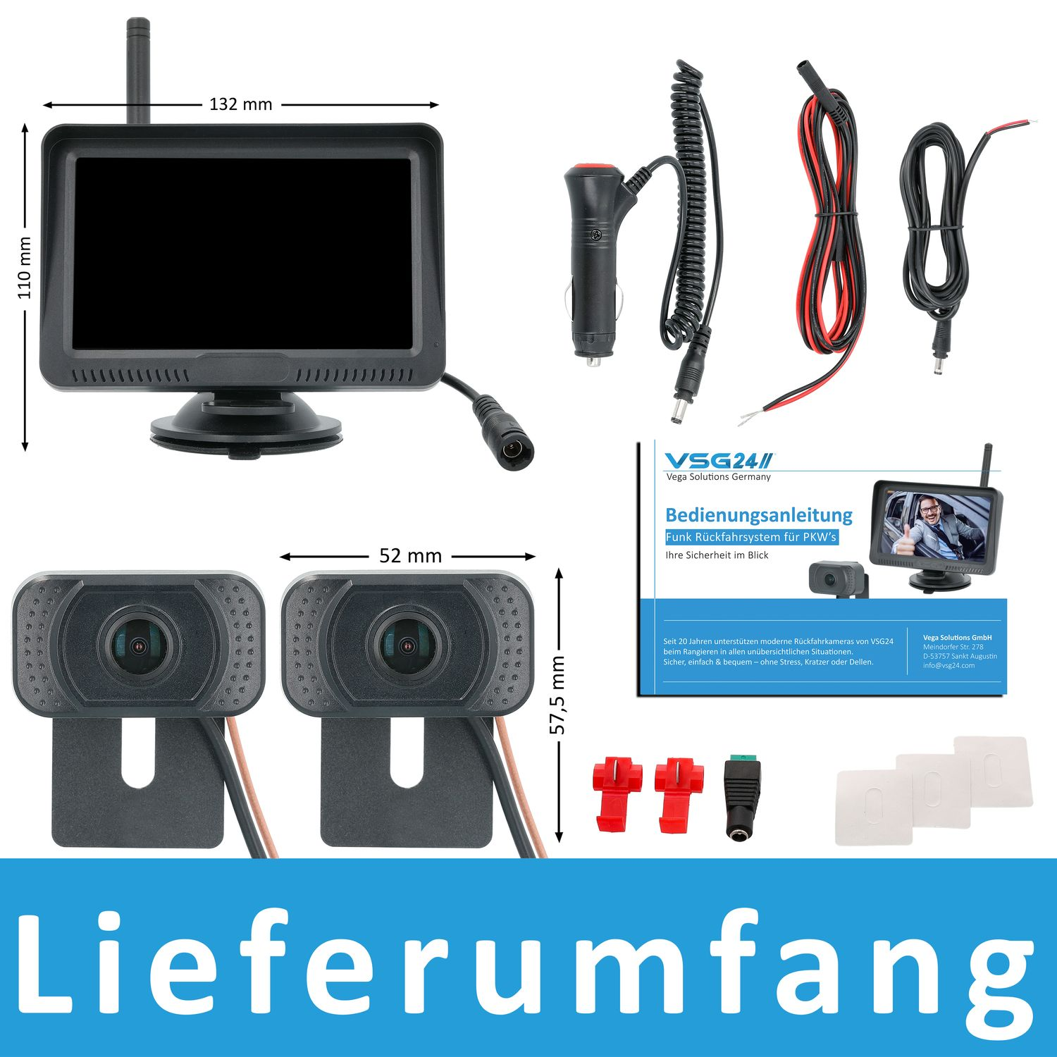 Kit mit Bildschirm, Kameras und Kabeln. Enthält eine Bedienungsanleitung und Maße.