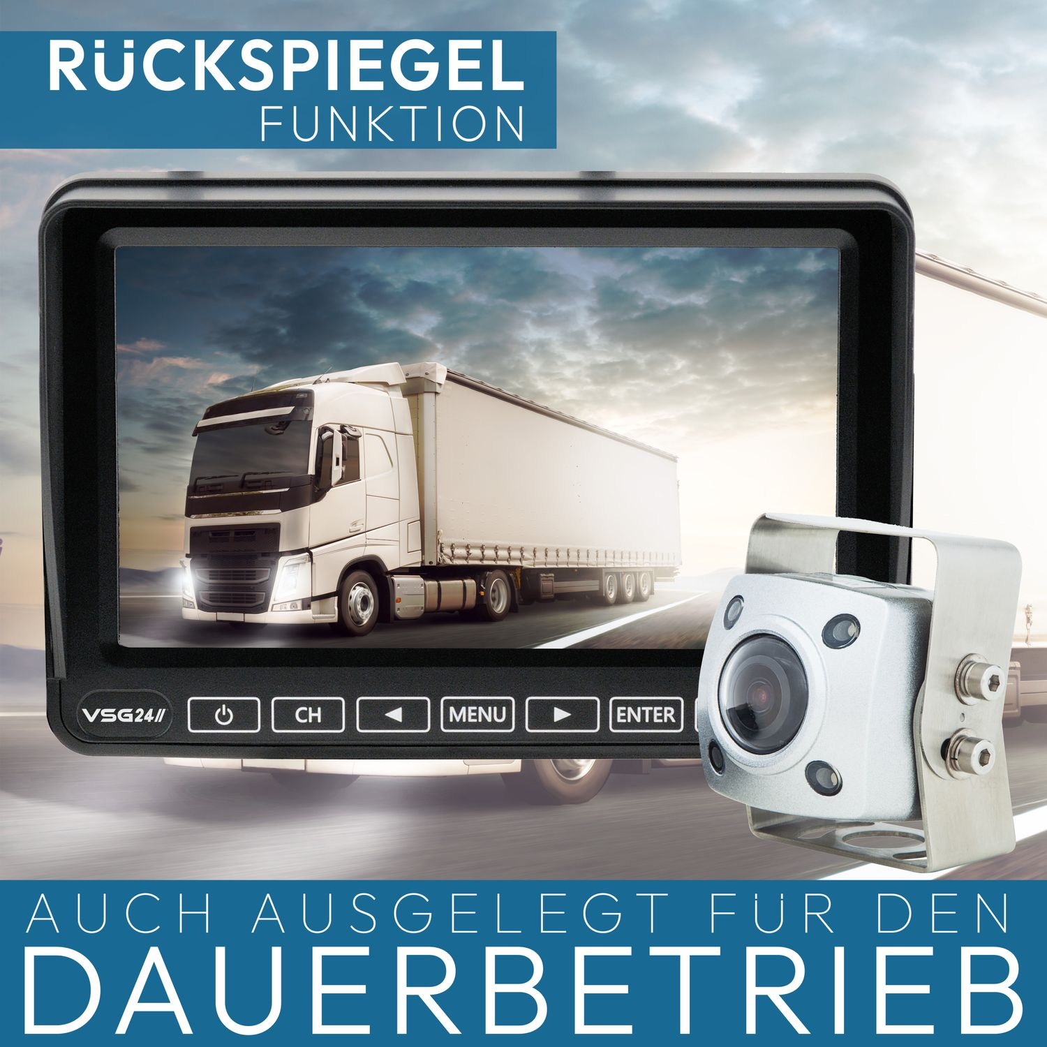 Ein Bildschirm, der einen LKW zeigt, und eine Kamera daneben. Der Text oben besagt Rückspiegelfunktion.