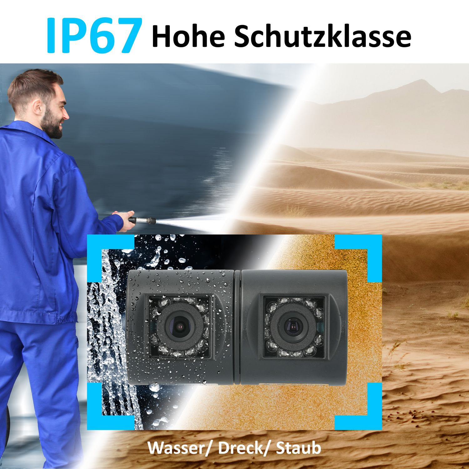 Ein Mann wäscht zwei schwarze Kameras mit Wasser. Der Hintergrund ist eine Wüste.