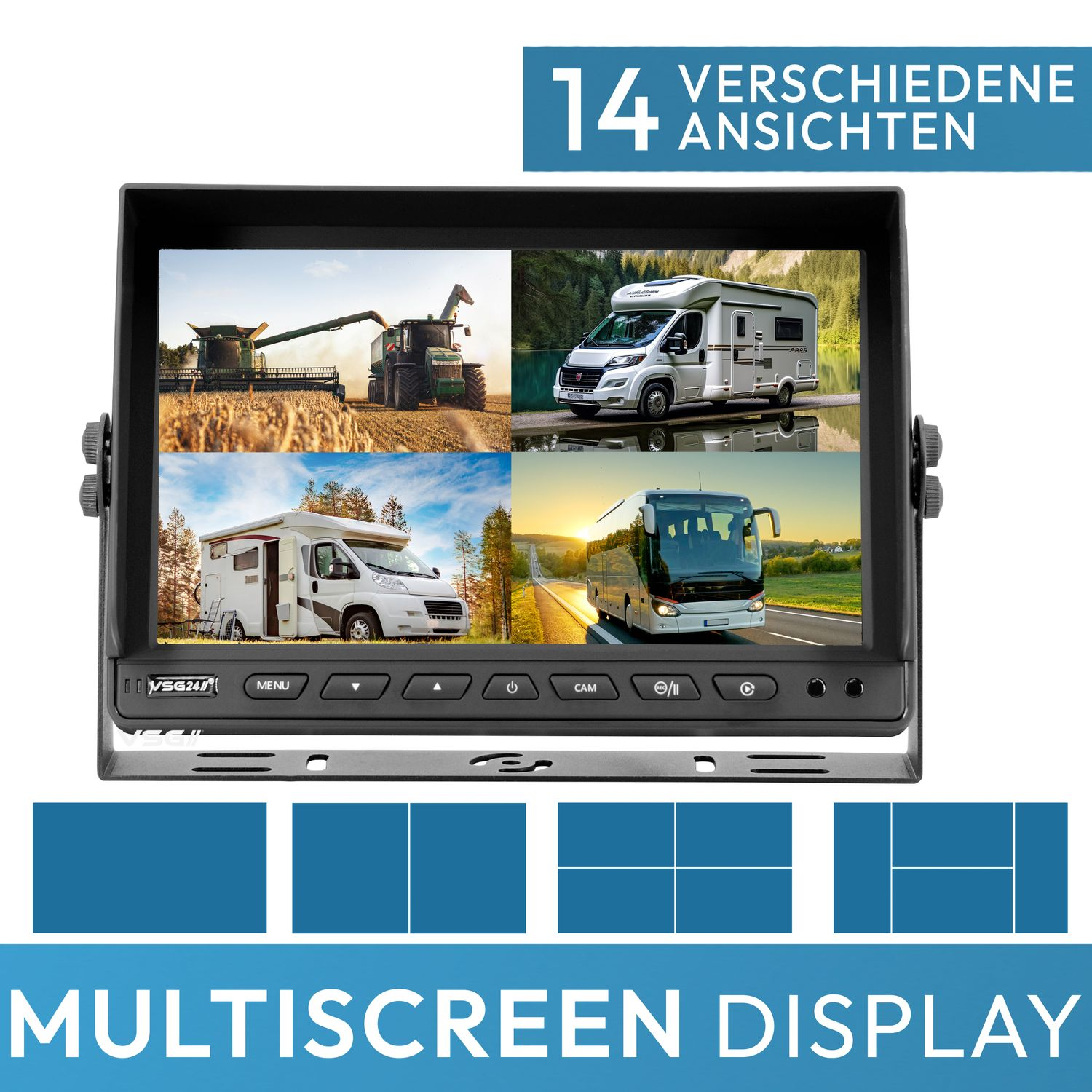 Ein Multi-Screen-Display mit vier Ansichten verschiedener Fahrzeuge. Text enthält '14 VERSCHIEDENE ANSICHTEN' und 'MULTISCREEN DISPLAY'.