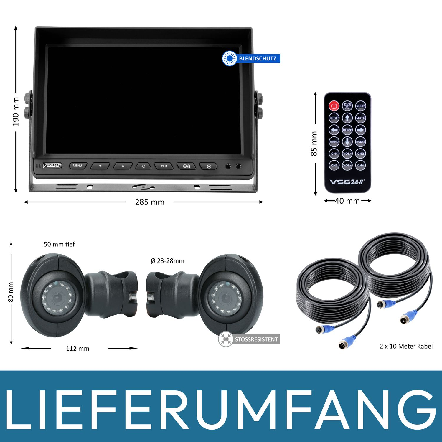 Ein Bildschirm, zwei Kameras und eine Fernbedienung mit Kabeln und Abmessungen.