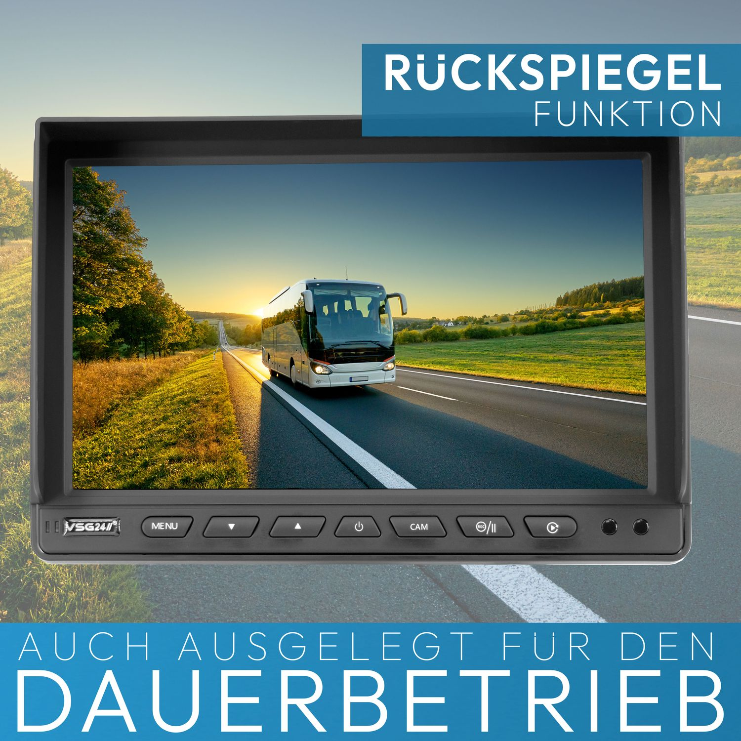 Rückfahrkamera-Bildschirm. Bus auf einer Straße. Text: Für Dauerbetrieb ausgelegt.