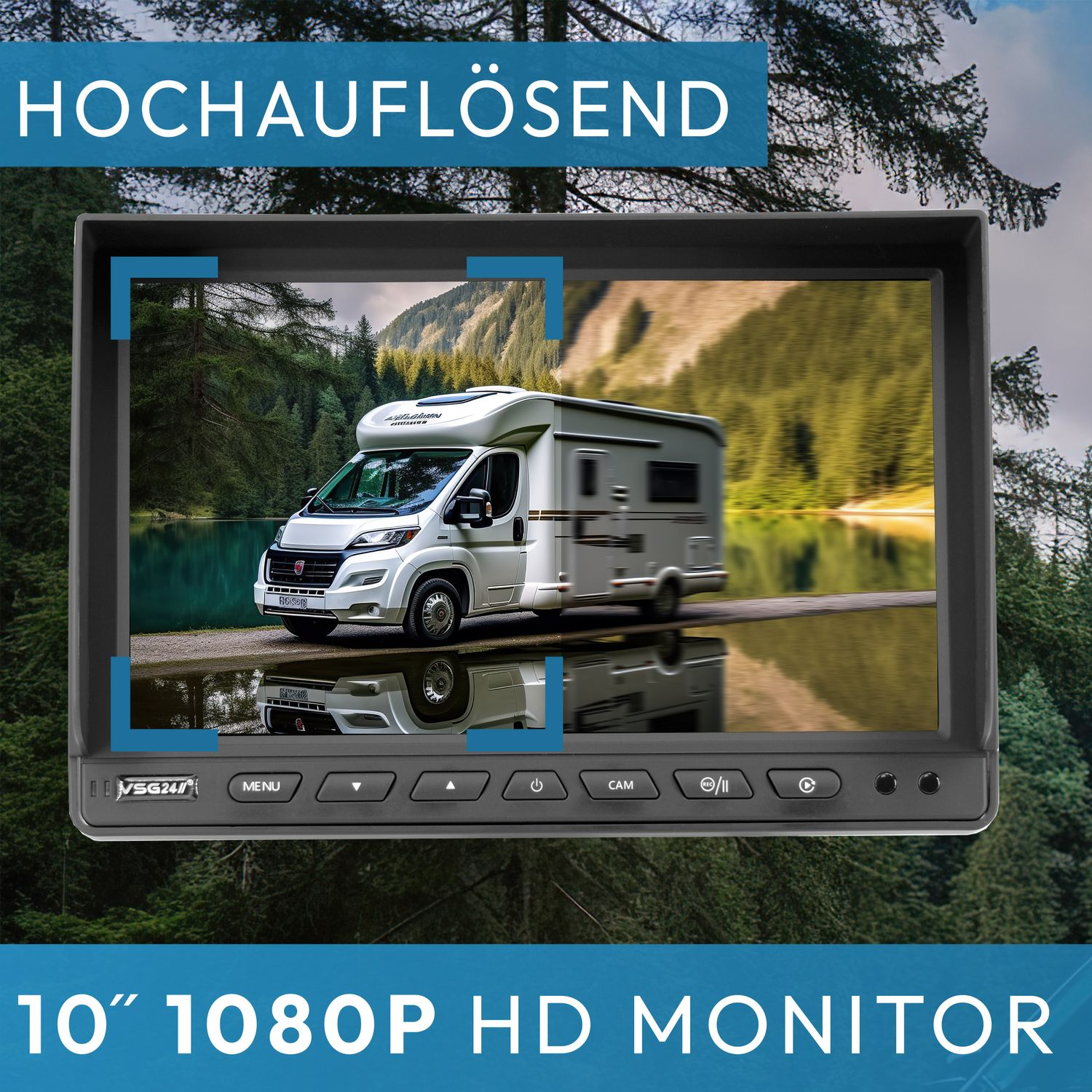10" HD-Monitor mit einem Wohnmobil auf einem See, umgeben von Bäumen.