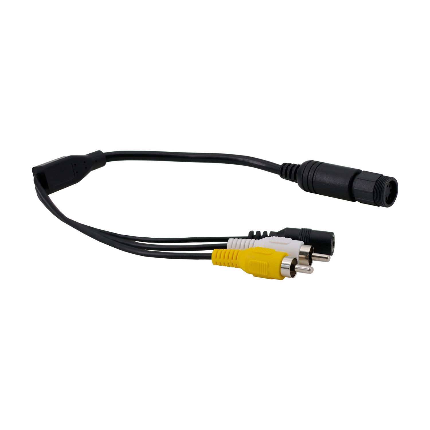 Schwarzes und gelbes AV-Kabel mit Cinch-Anschlüssen auf weißem Untergrund.