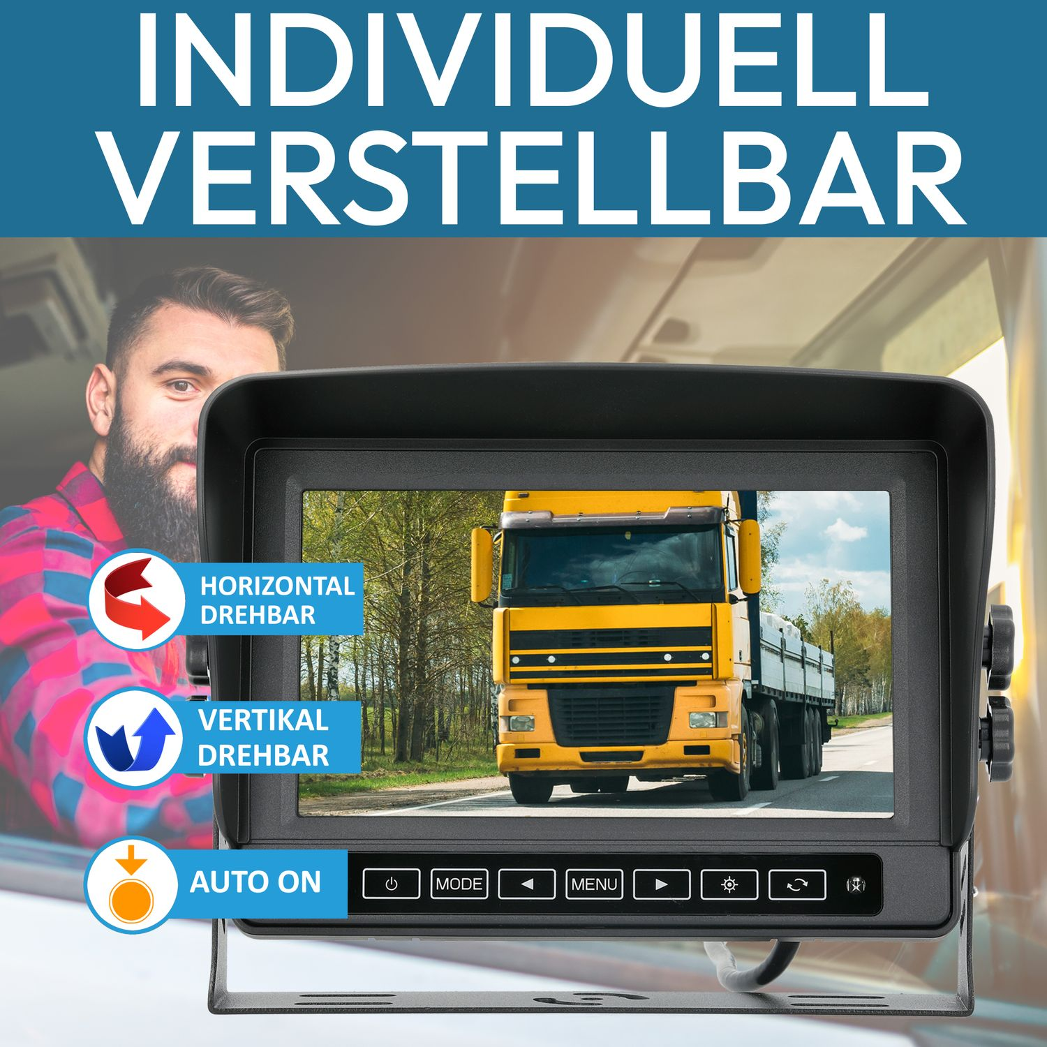 Rückfahrkamerasystem für einen LKW. Zeigt den Bildschirm, einen LKW und einen Mann.