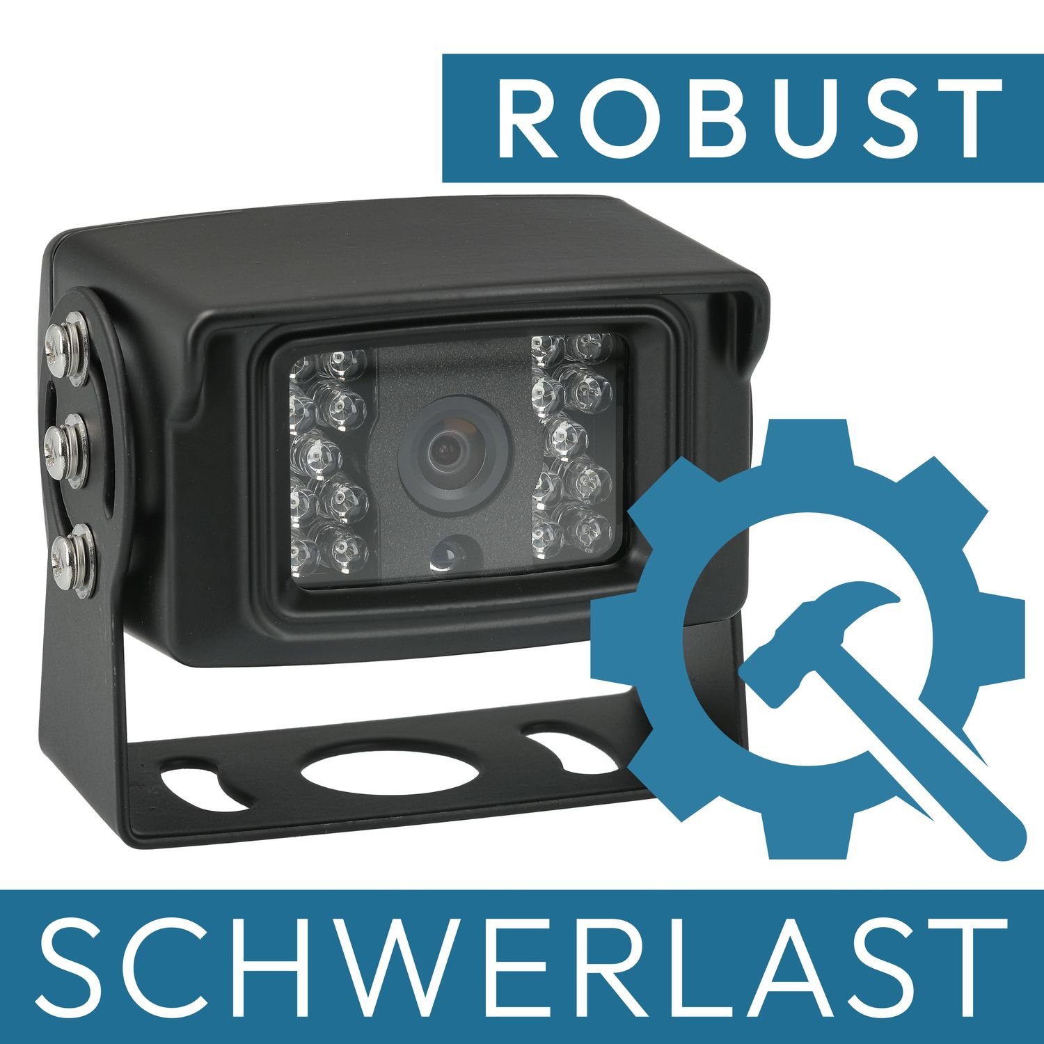 Eine schwarze Autokamera mit dem Wort Robust und Schwerlast. Die Kamera hat ein Objektiv.