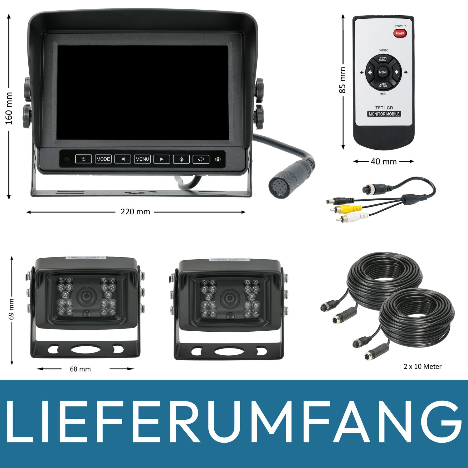 Ein Monitor und weiteres Zubehör. Der Monitor hat Knöpfe und ein Kabel. Enthalten sind zwei Kameras und Kabel.