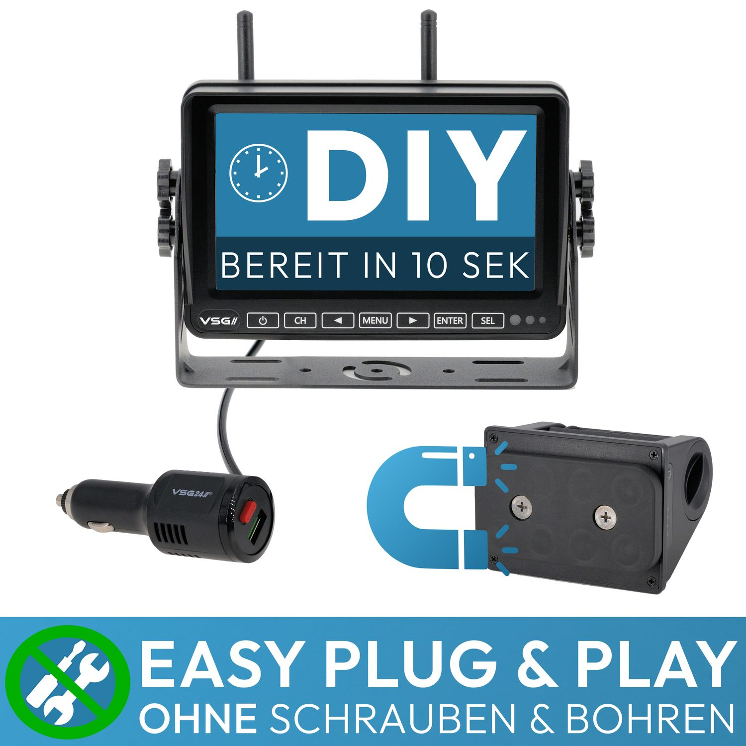 Ein schwarzer Bildschirm mit dem Text "DIY" und "Bereit in 10 sek". Unten sind ein Autoladegerät und eine Kamera.