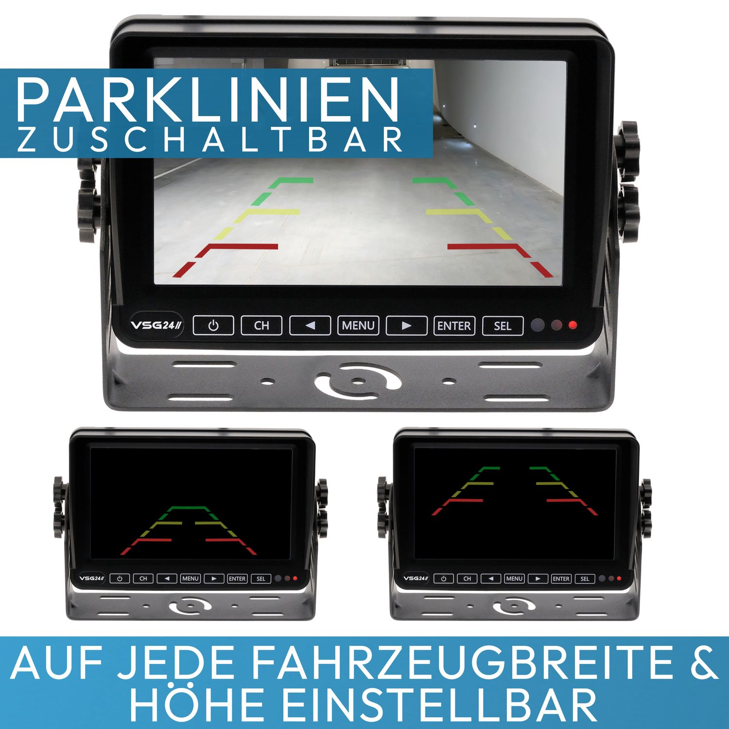 Drei Monitore auf weißem Hintergrund, die Parklinien auf einer Straße anzeigen.